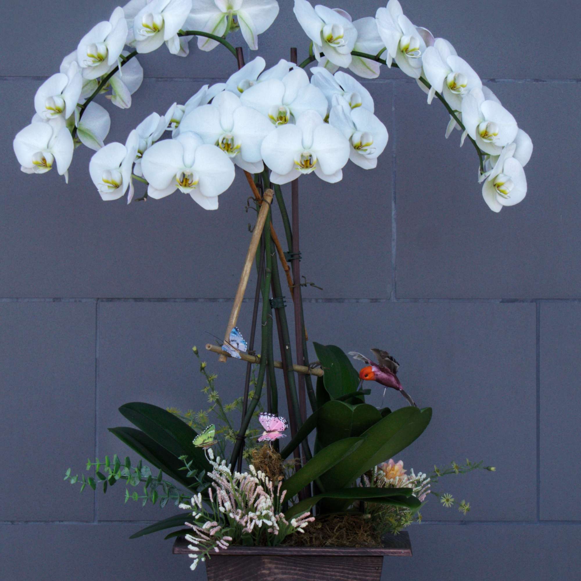 White orchids arranged in a wooden planter with decorative butterflies