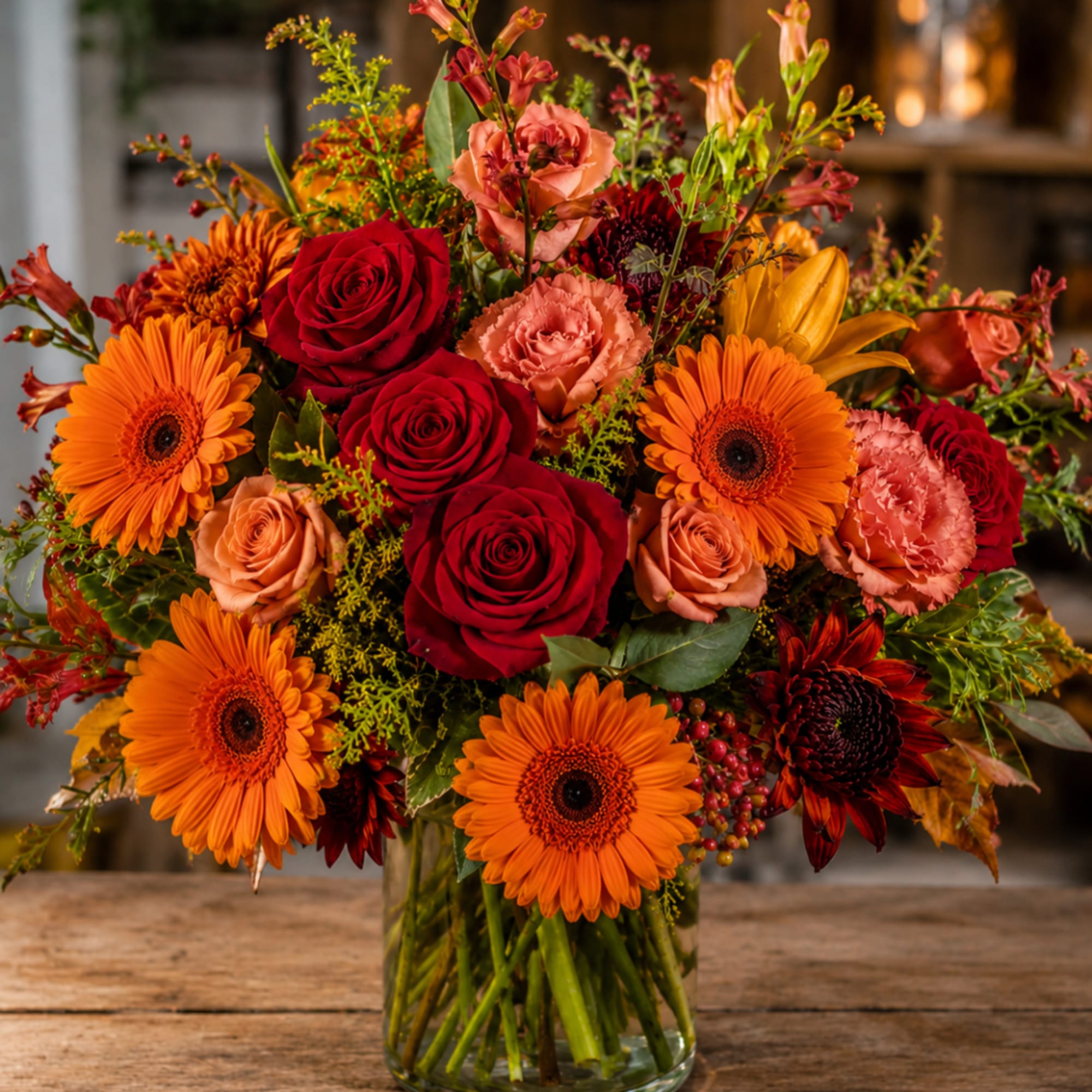 Mixed bouquet of red roses, orange gerbera daisies, and peach blooms in a glass vase