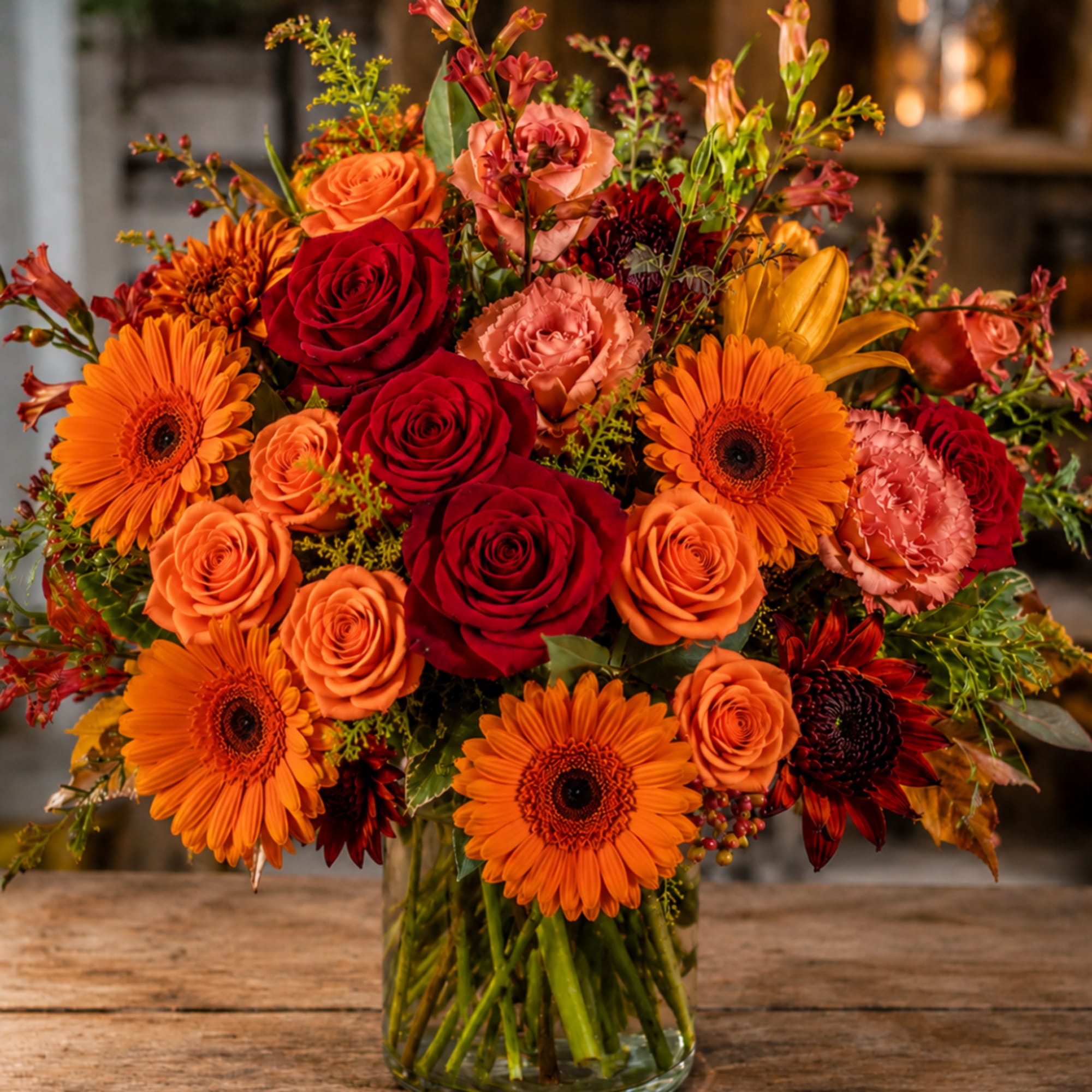 Bouquet of orange and red flowers in a clear glass vase