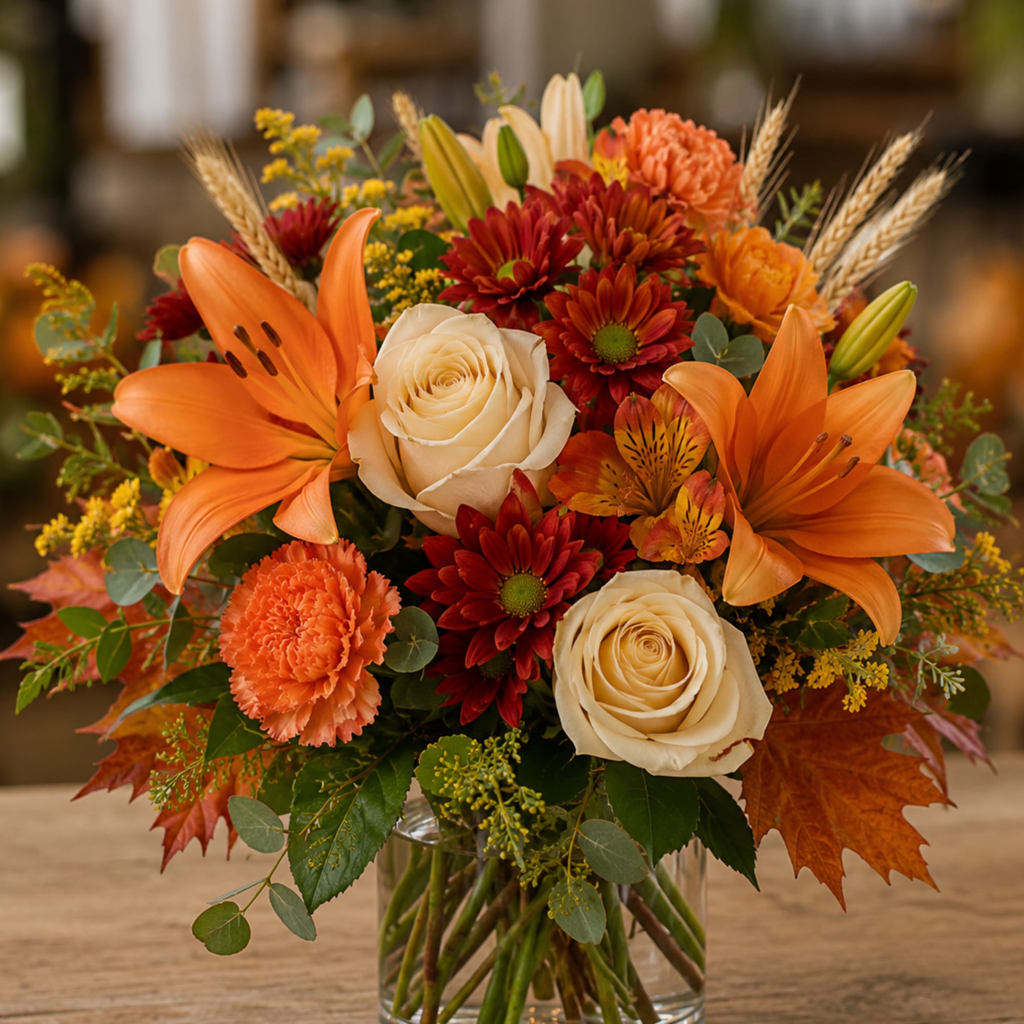 Autumn bouquet with orange lilies, cream roses, and red mums in a glass vase