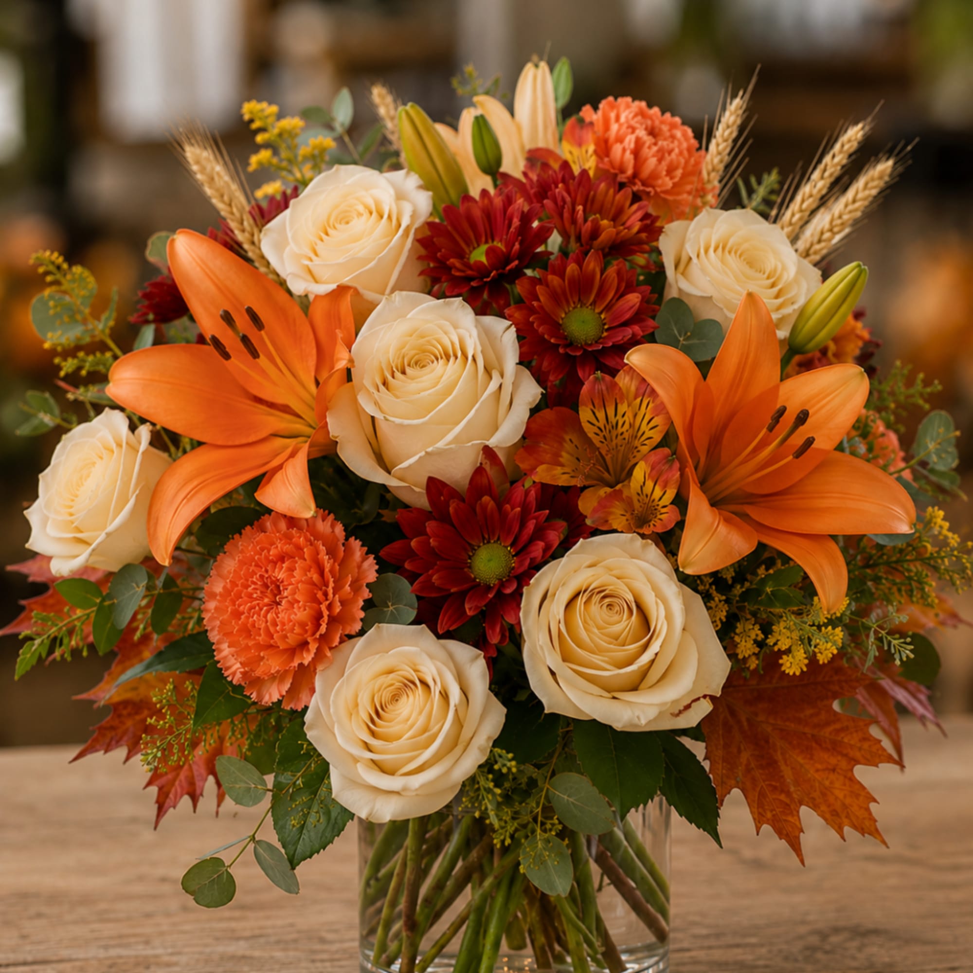 Autumn bouquet with cream roses, orange lilies, and red mums in a glass vase