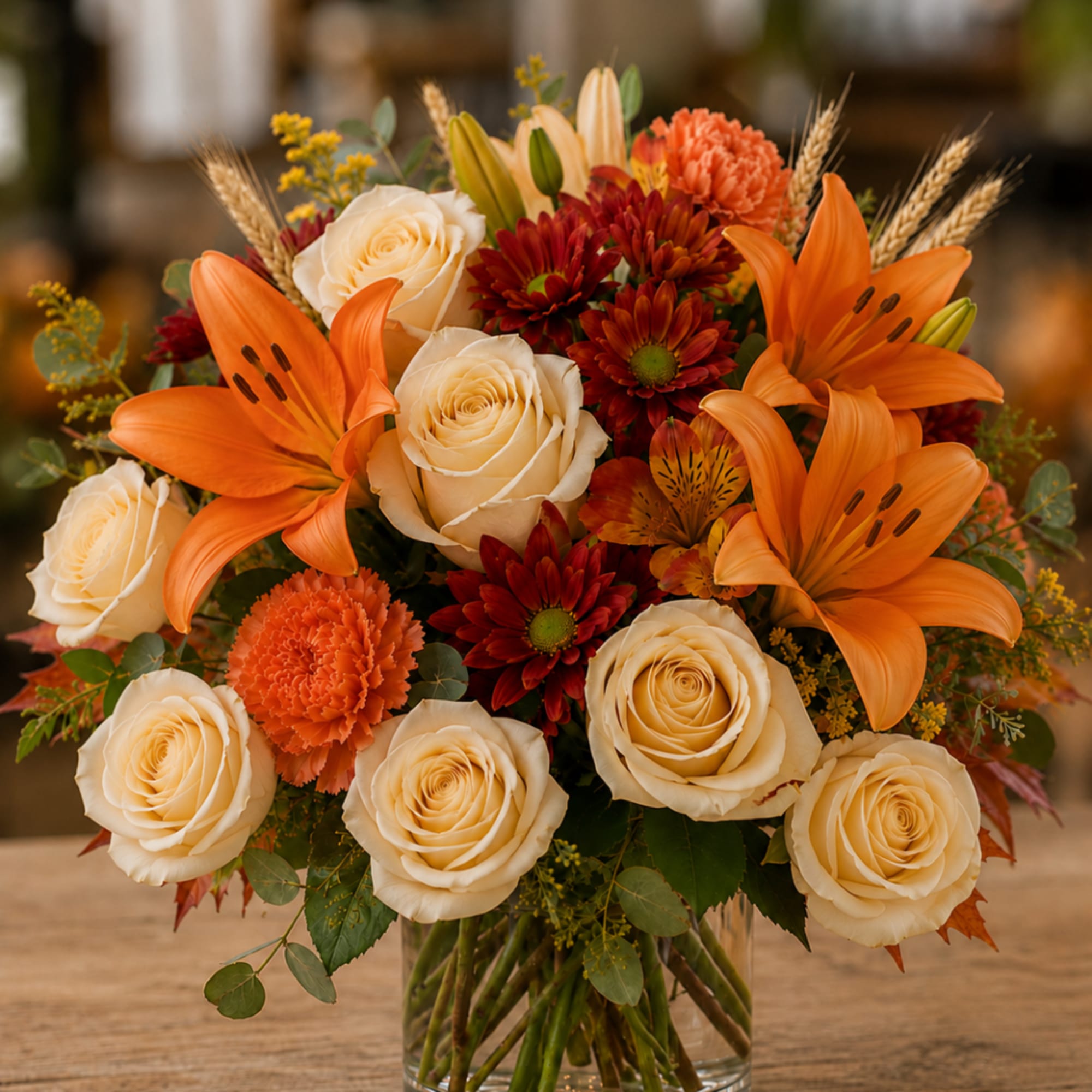 Bouquet of cream roses, orange lilies, and red mums in a glass vase
