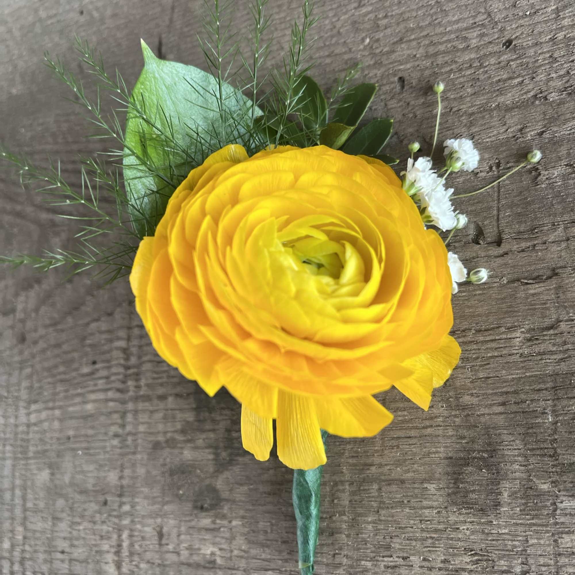 Yellow ranunculus boutonniere with white baby's breath