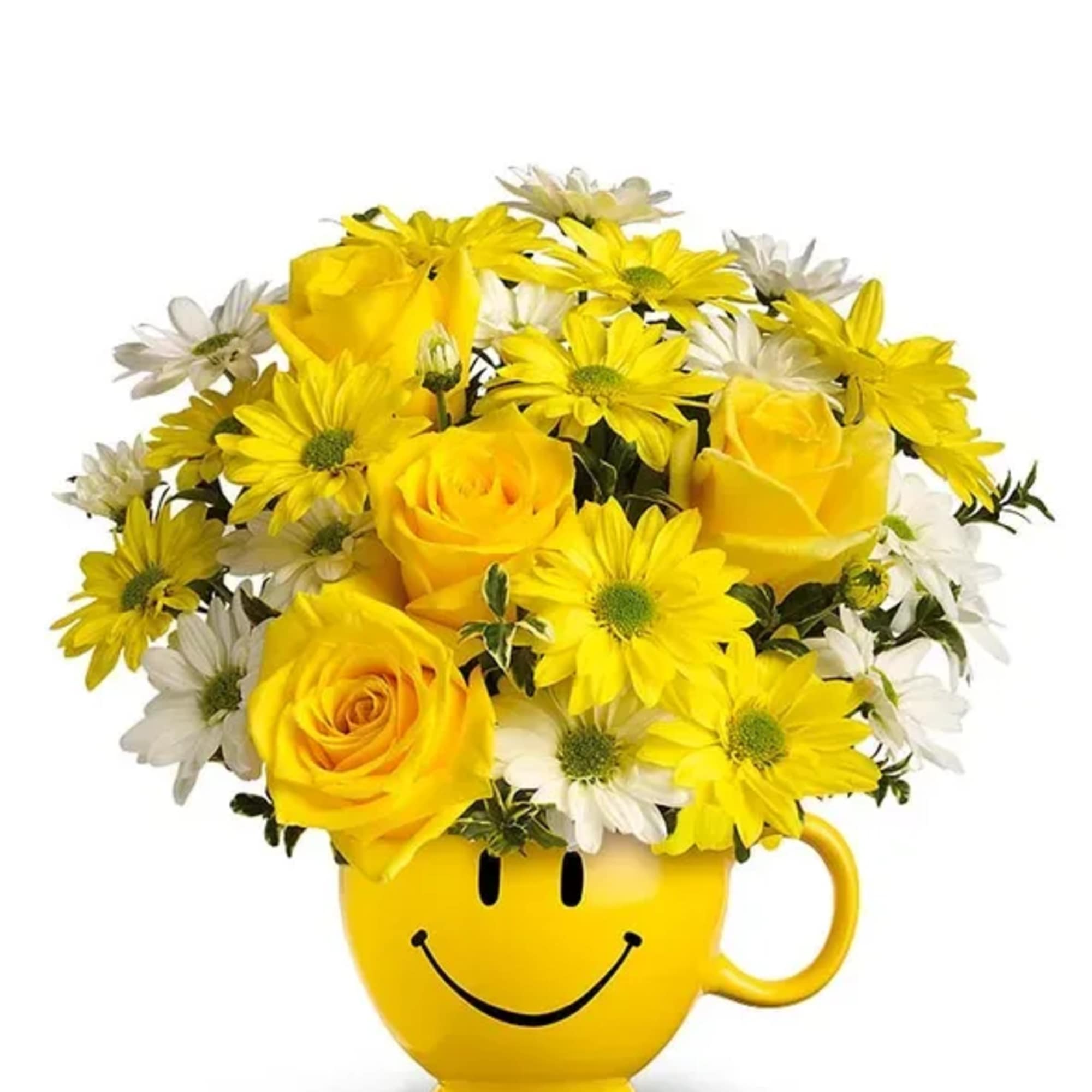 Yellow roses and daisies in a smiley-face mug