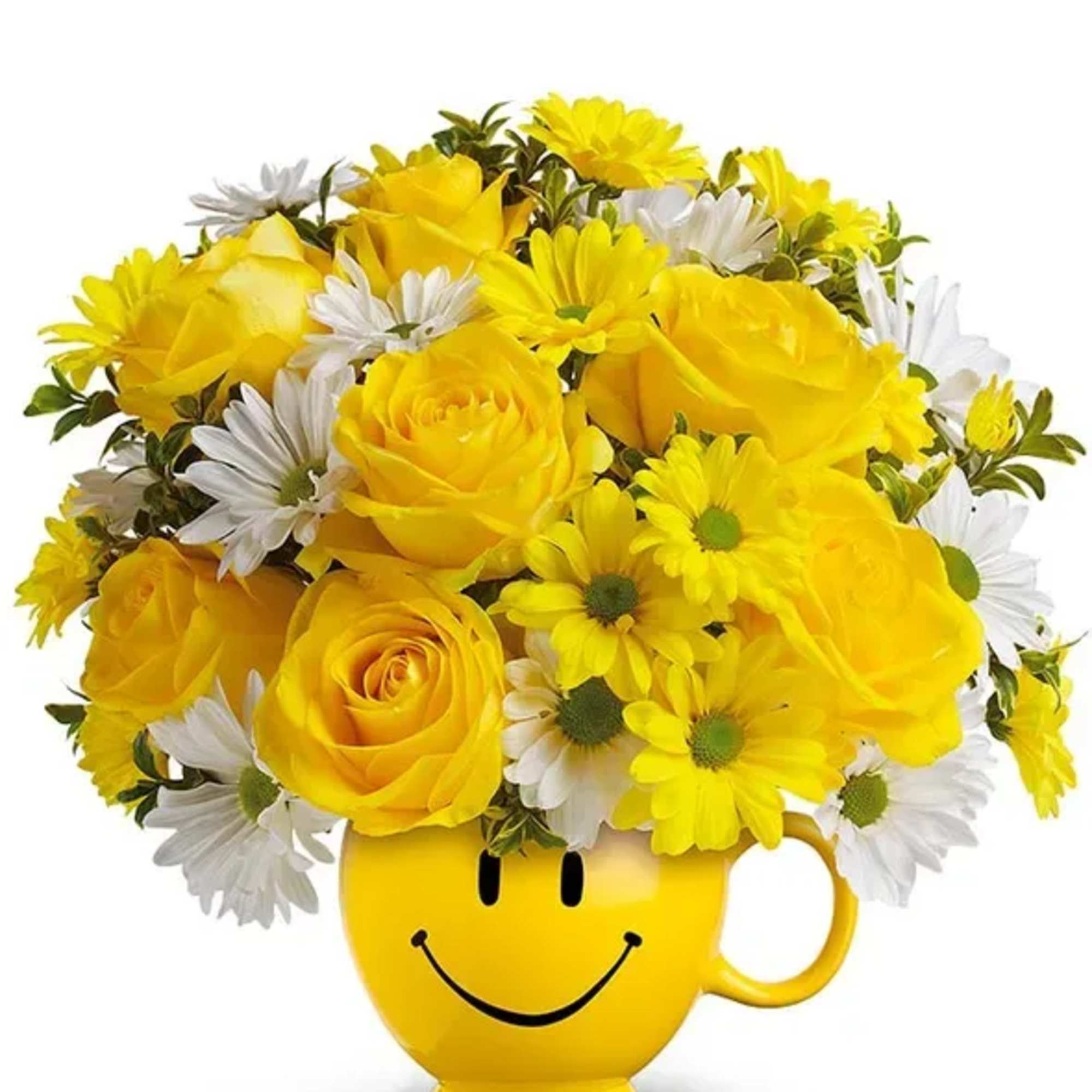 Yellow roses and white daisies in a smiley-face mug