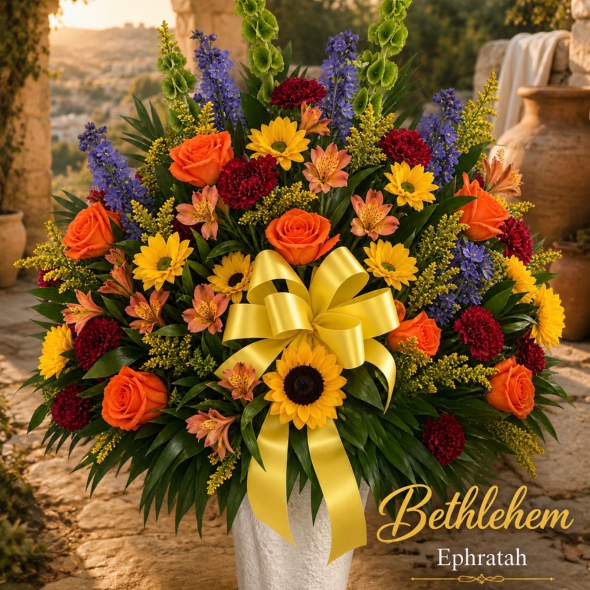 Mixed bouquet in a white vase with a yellow ribbon bow