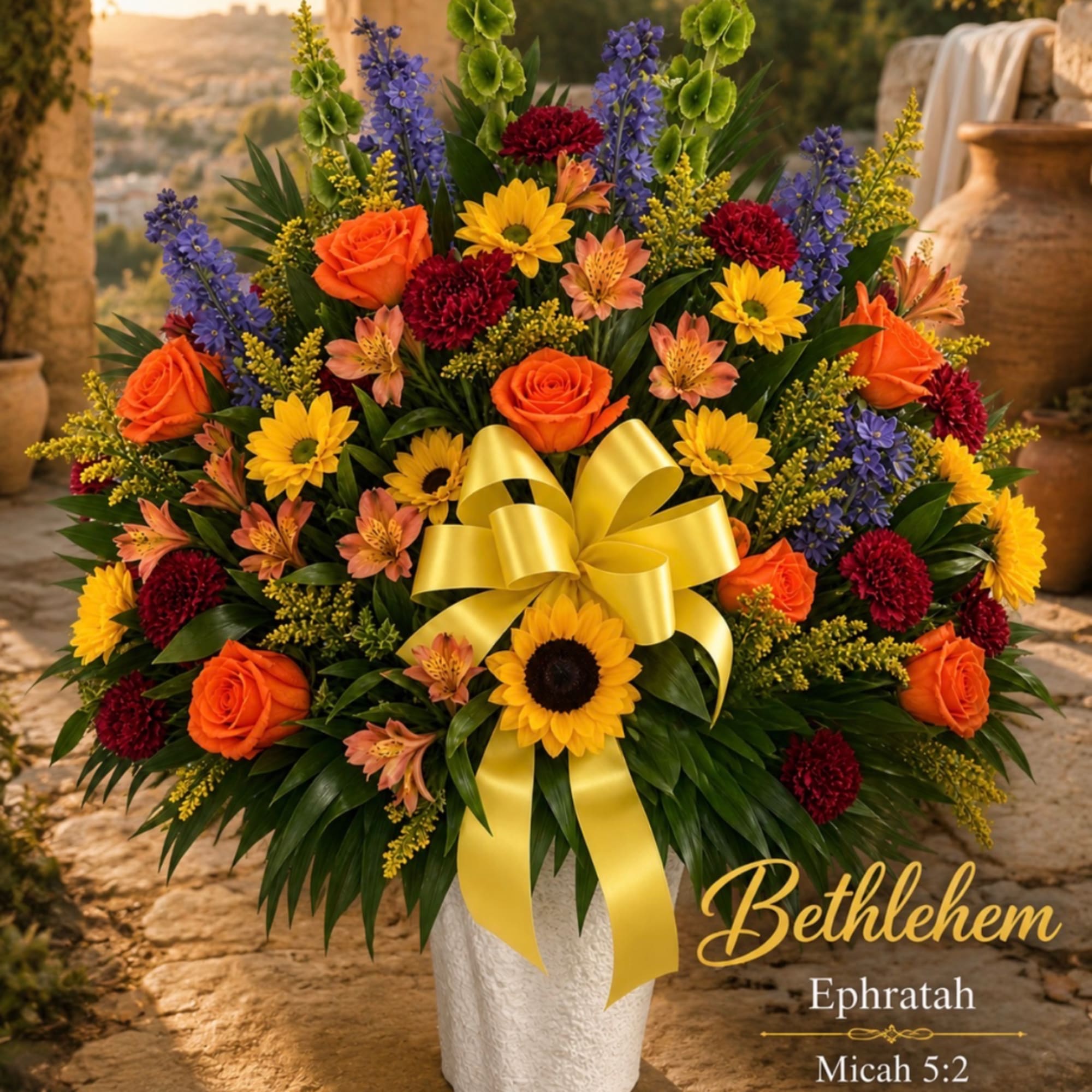 Mixed bouquet in a white vase with a yellow ribbon bow