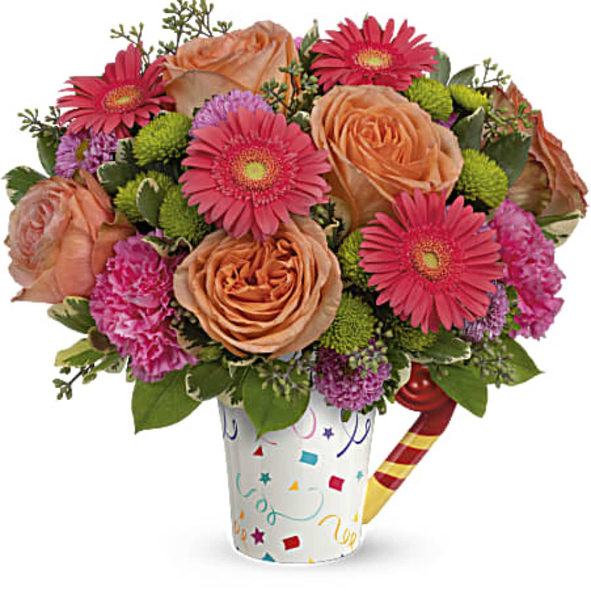 Bouquet of pink gerbera daisies and peach roses in a party cup vase