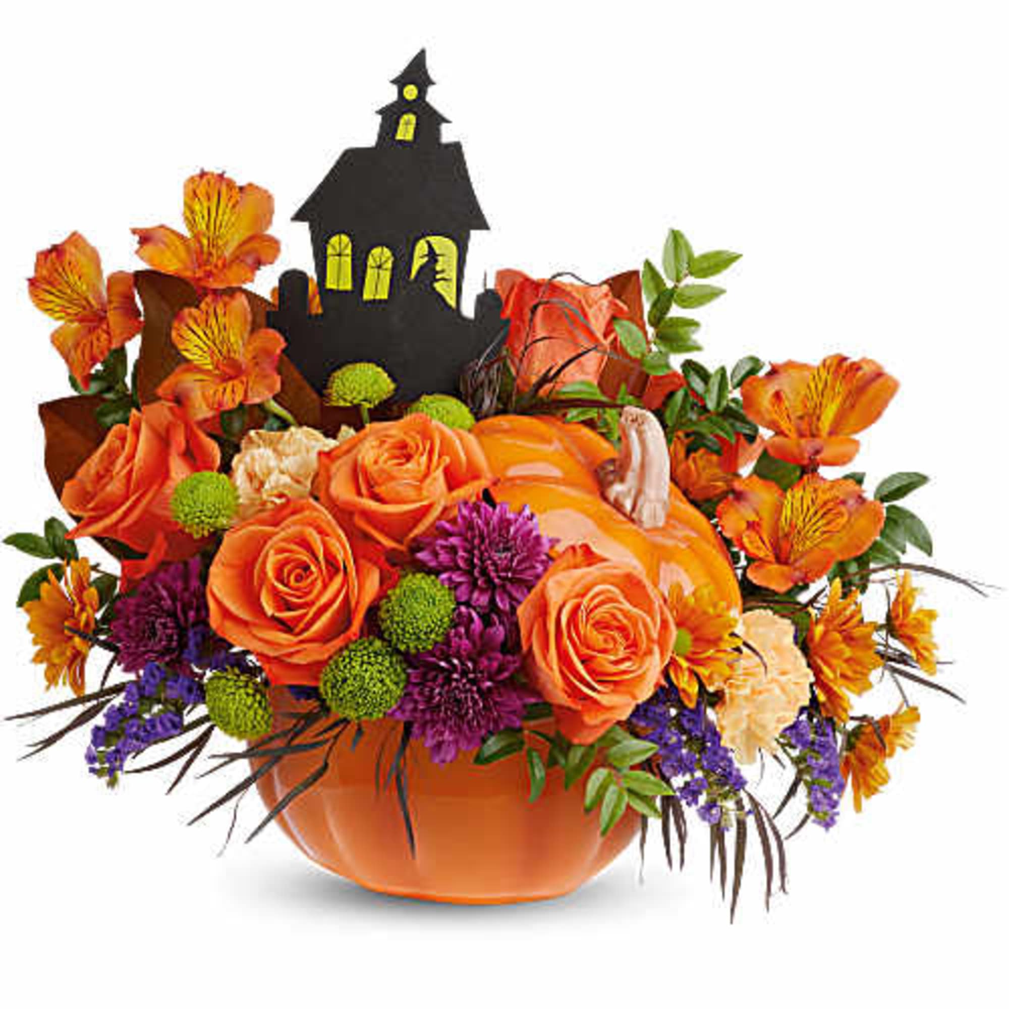 Halloween bouquet in an orange pumpkin container with a haunted house pick