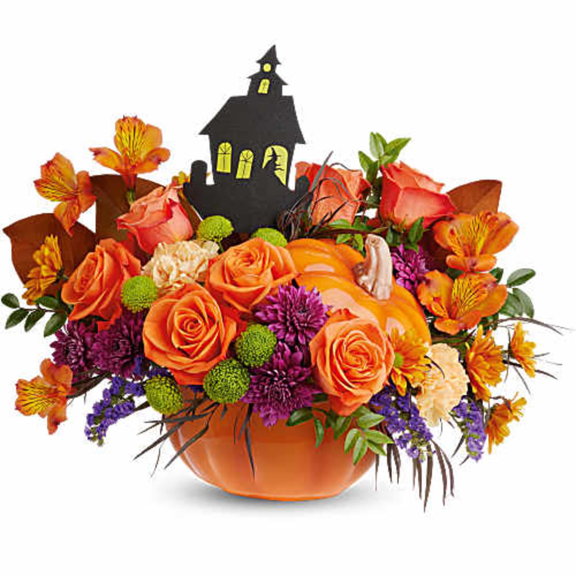 Halloween bouquet in an orange pumpkin container with a haunted house pick