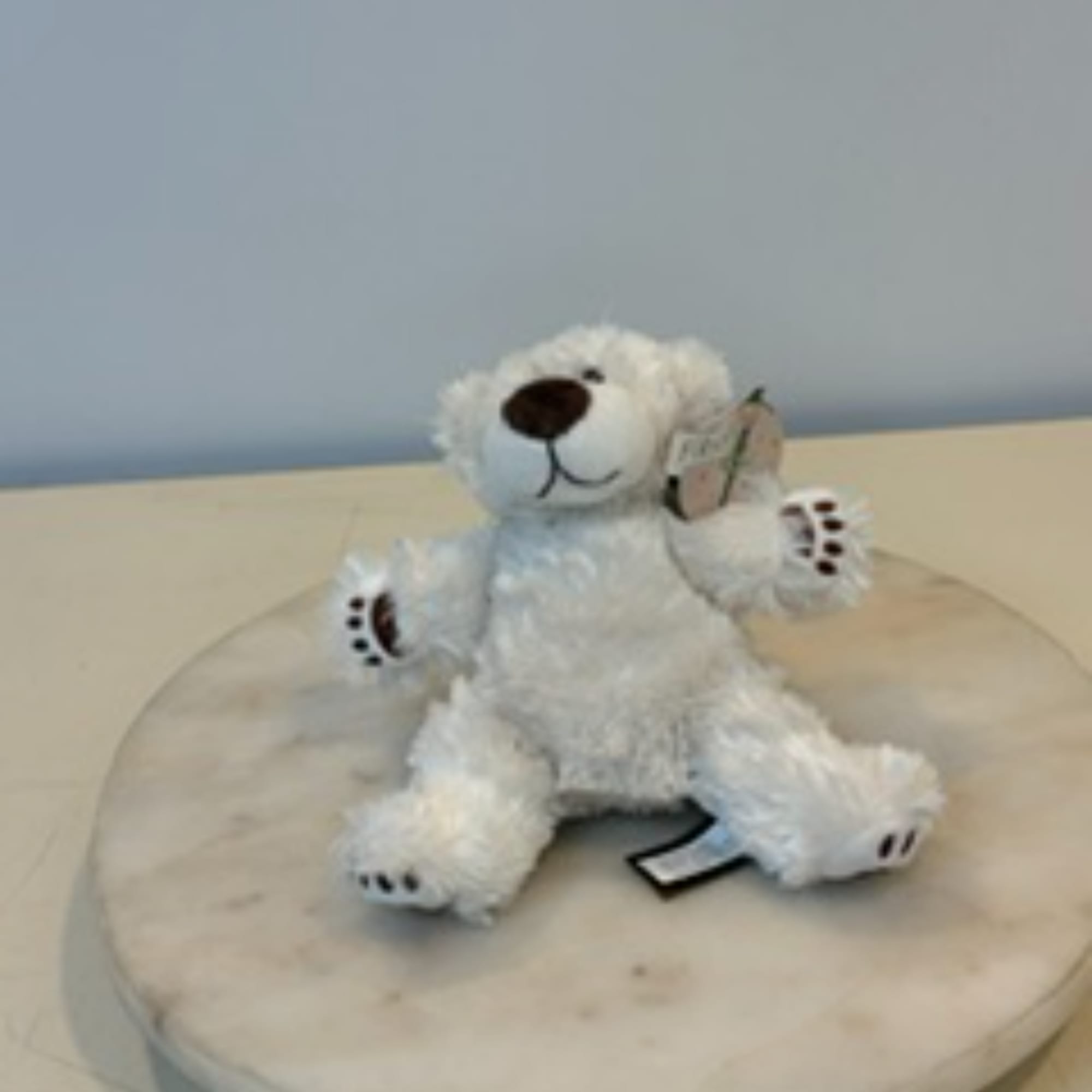 White plush teddy bear sitting on a round tabletop