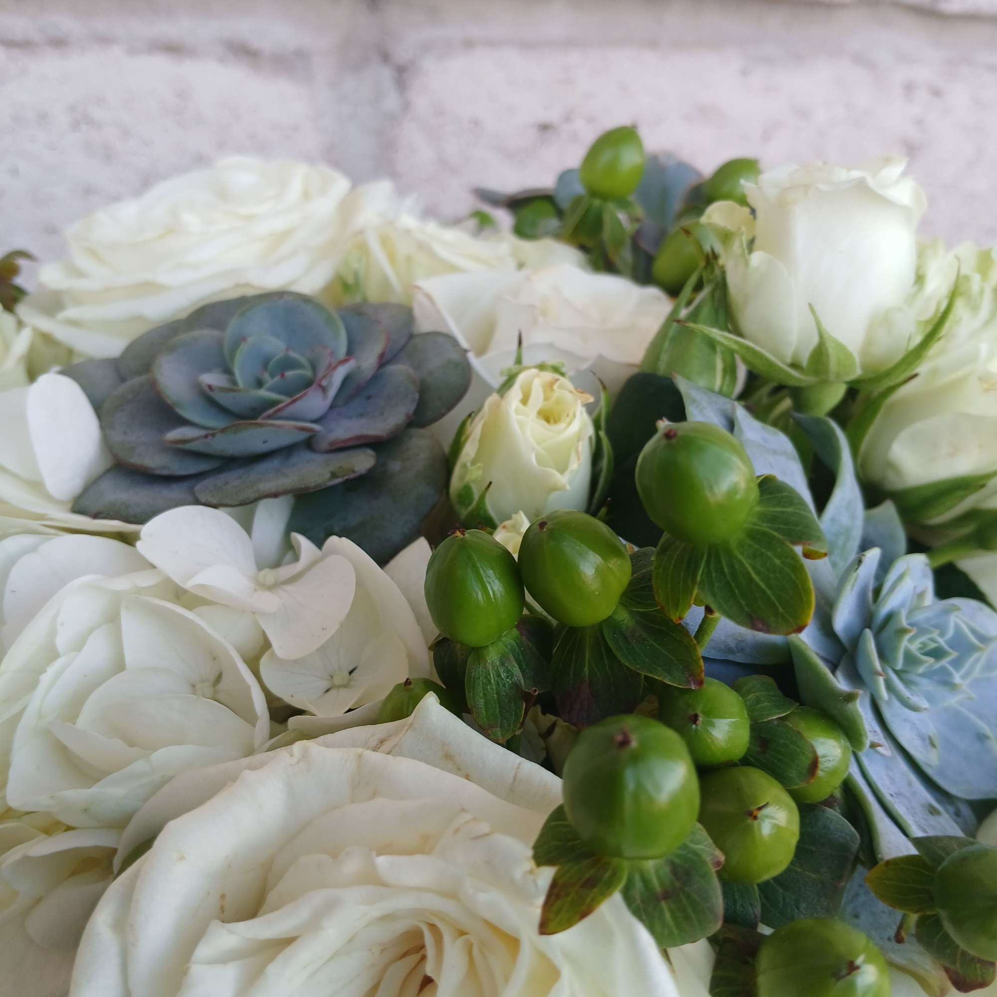 White roses and succulents arranged in a bouquet.