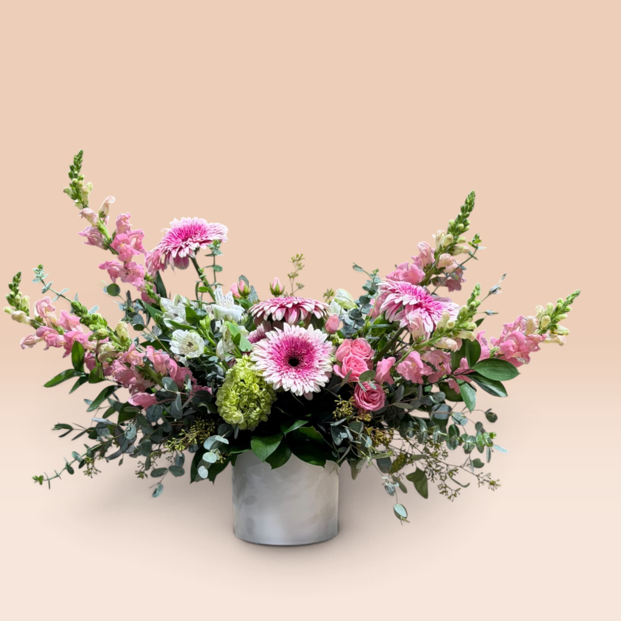 Pink and white mixed flower arrangement in a silver vase, photo 7 of 7