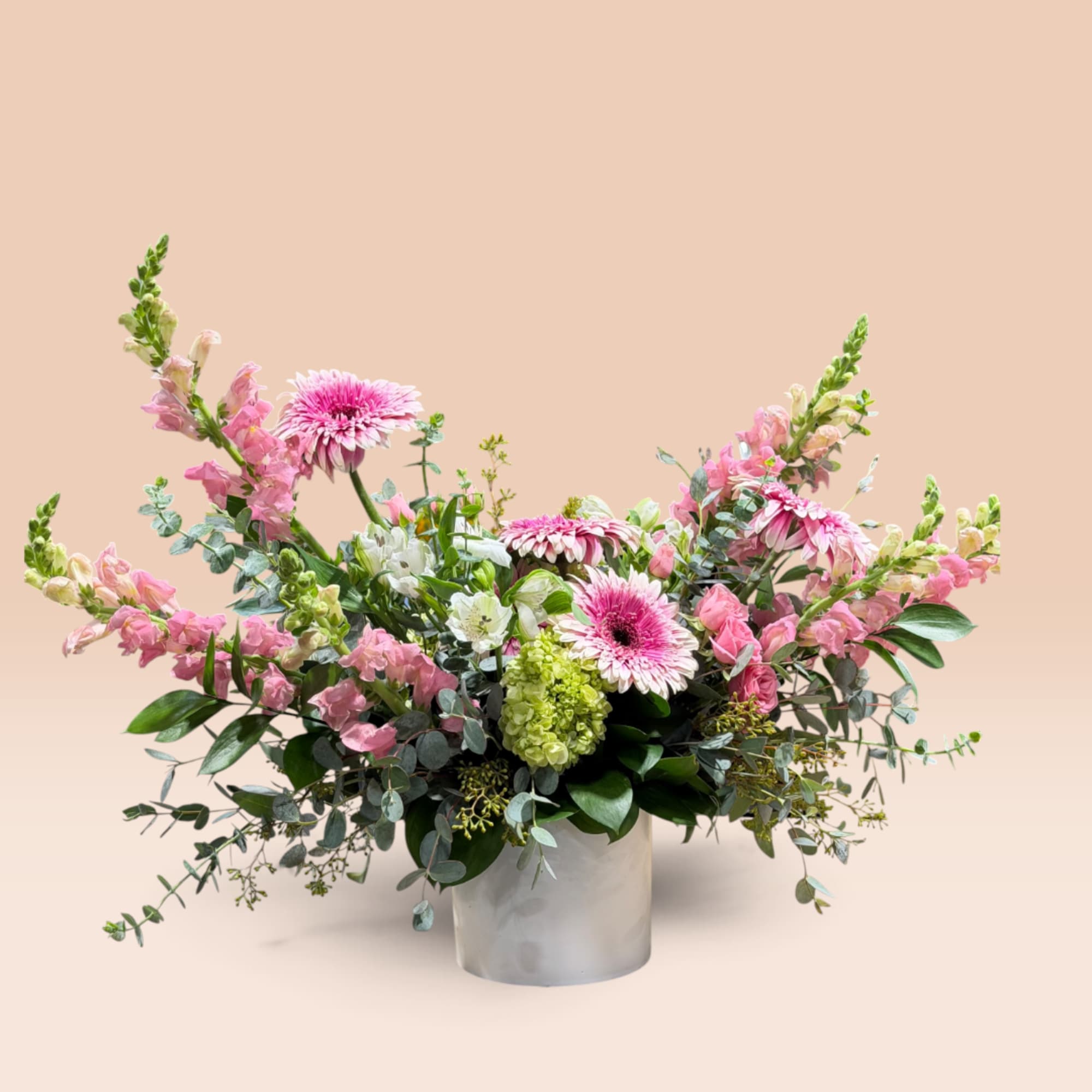 Pink and white mixed flower arrangement in a silver vase, photo 3 of 7