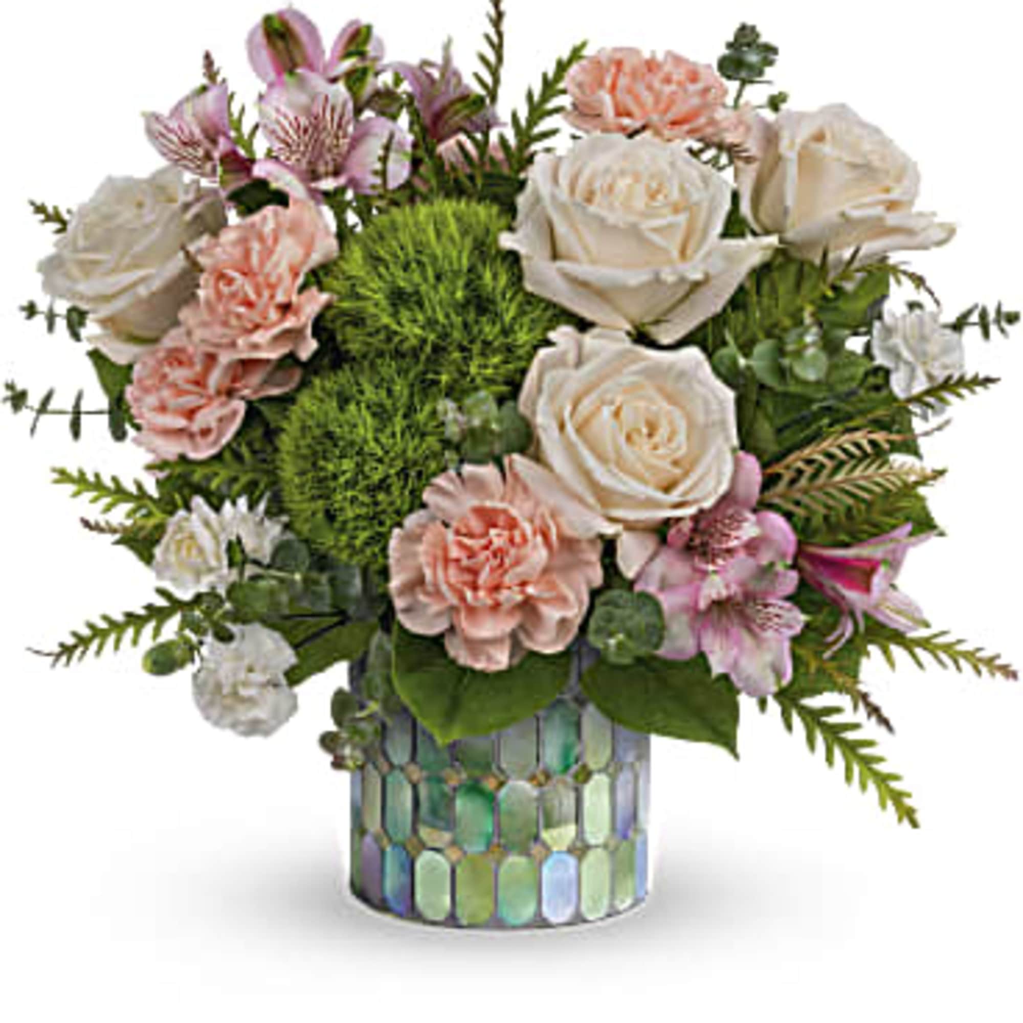 Wild and whimsical, this enchanting bouquet of cr&Atilde;&uml;me roses and peachy blooms
