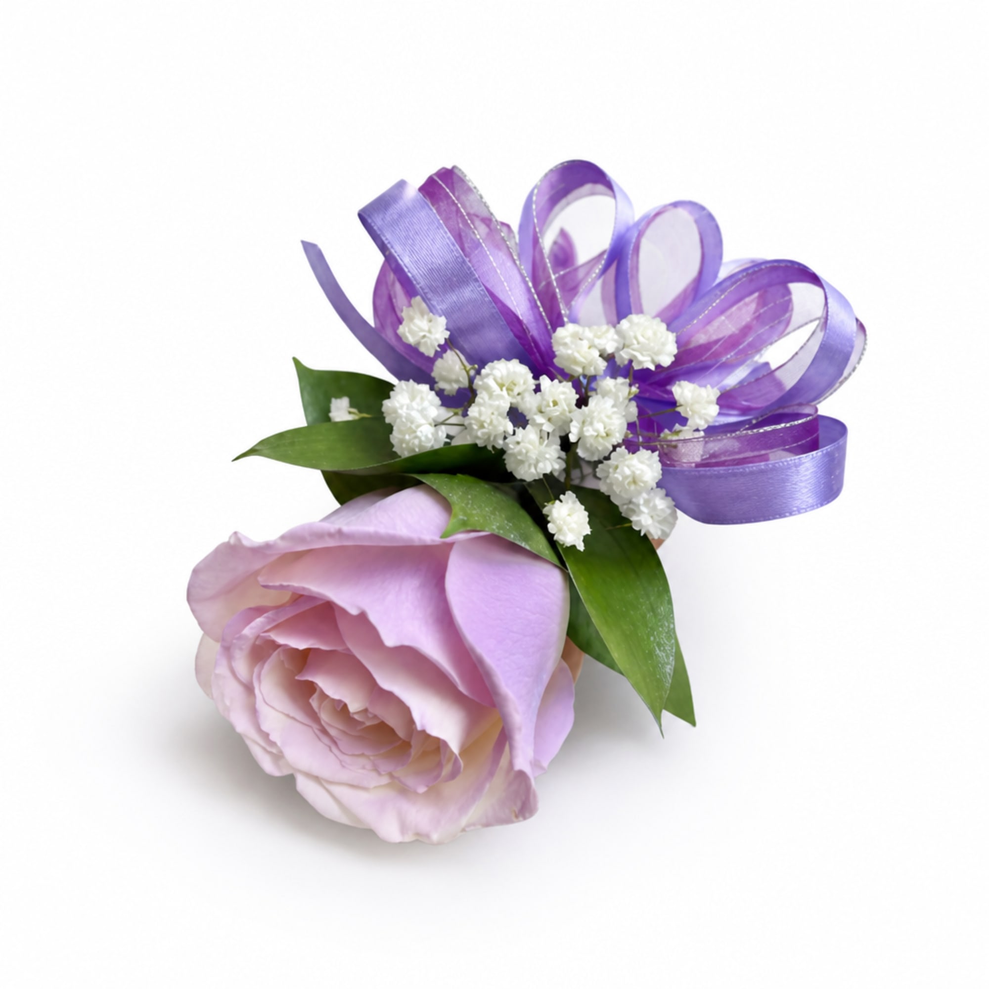 Lavender rose with purple ribbon and white filler flowers
