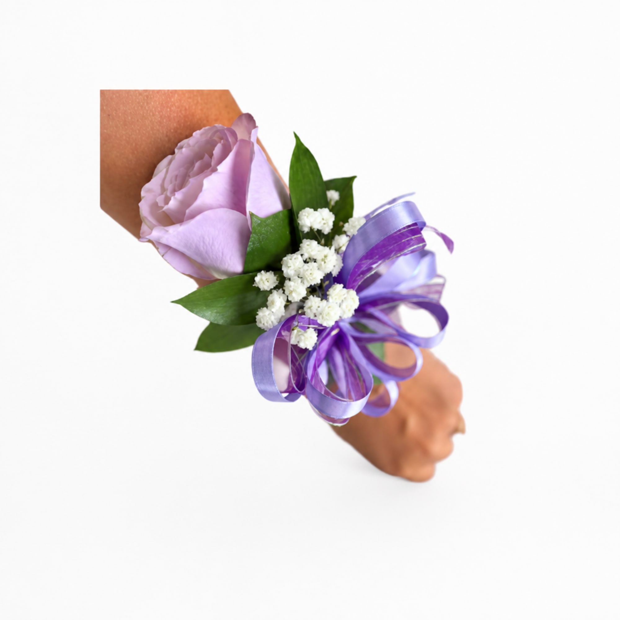 Lavender rose wrist corsage with purple ribbon and white filler flowers, photo 2 of 3