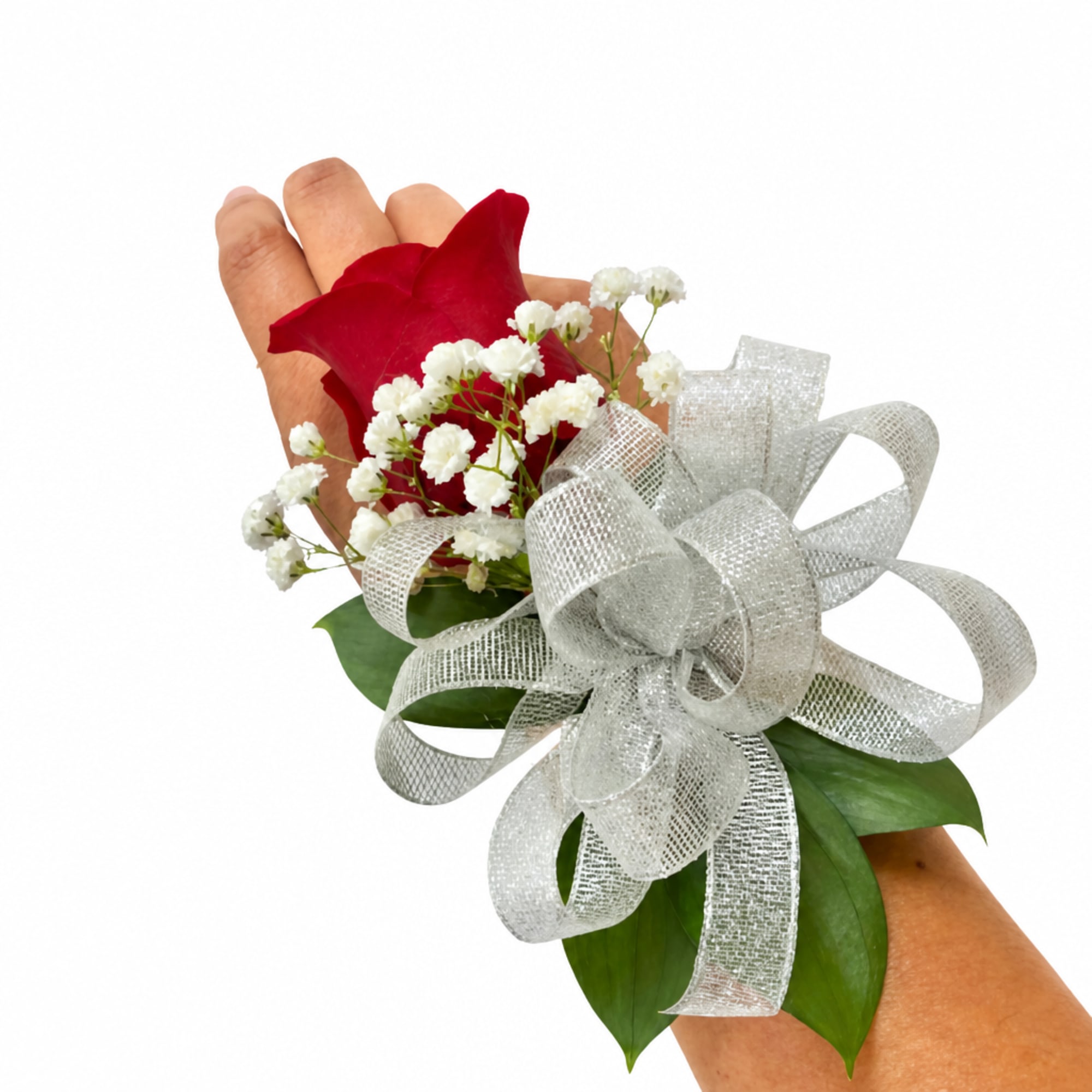 Red rose wrist corsage with baby's breath and a silver ribbon bow