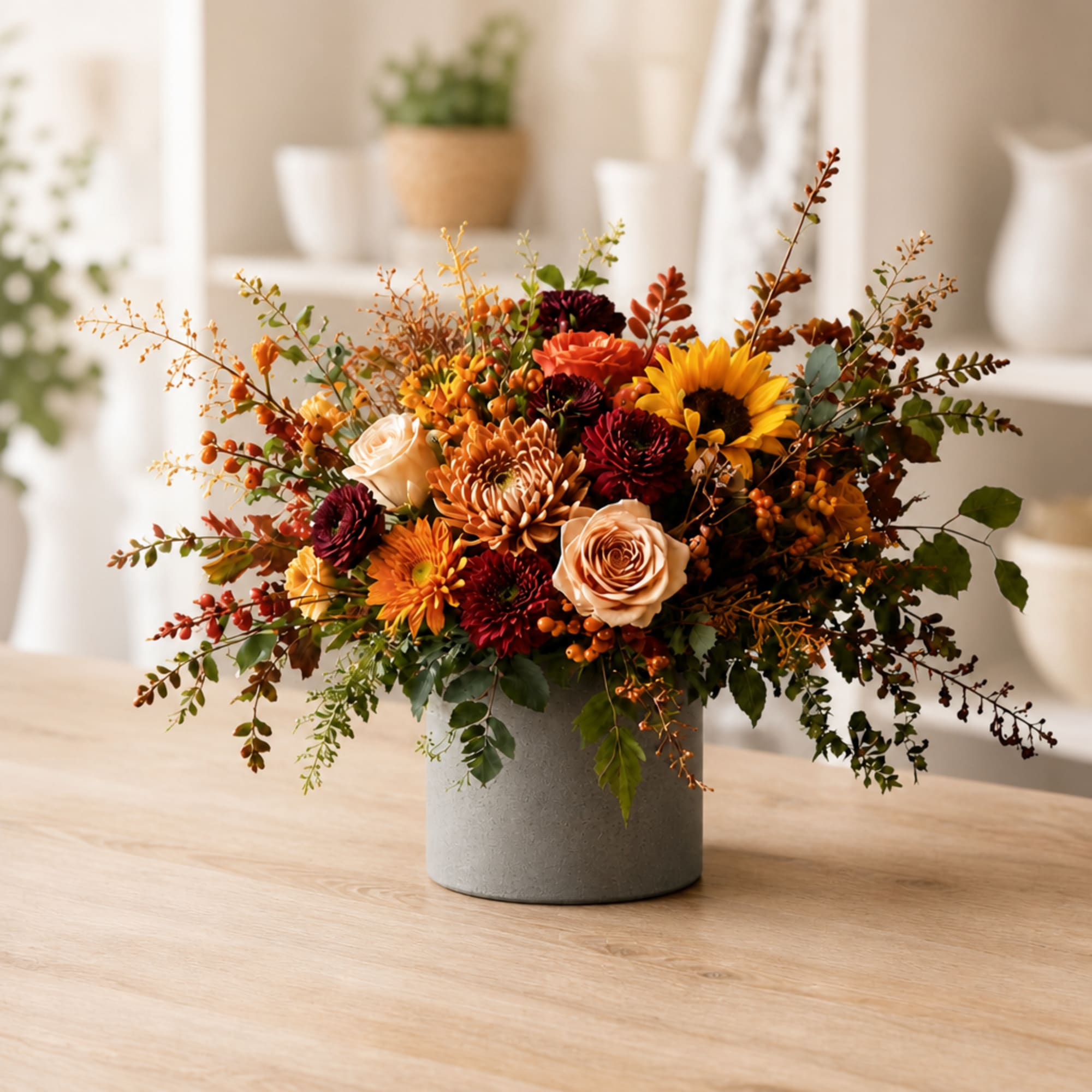 Autumn bouquet of sunflowers, roses, and mums in a gray vase
