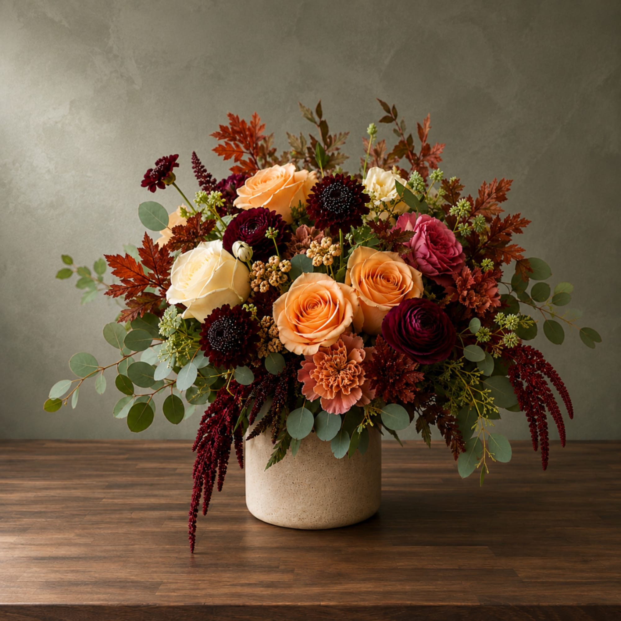 Mixed bouquet of roses and fall-toned flowers in a beige vase
