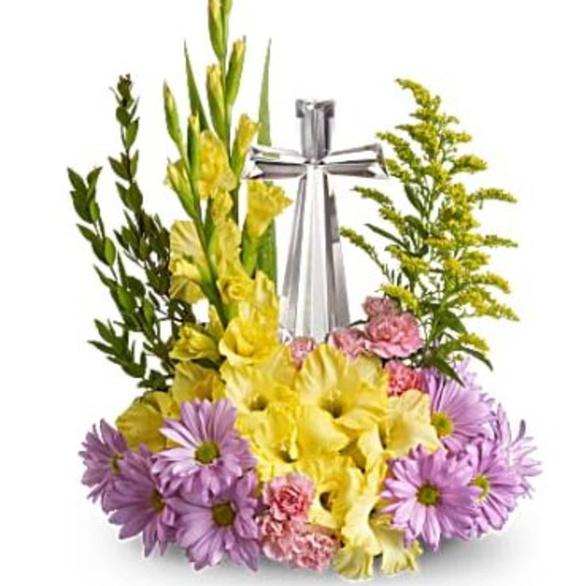 Yellow and purple floral arrangement with a silver ribbon centerpiece