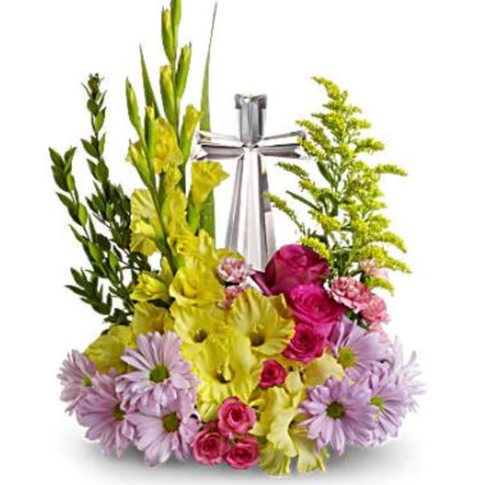 Bright mixed flower arrangement with a silver ribbon centerpiece