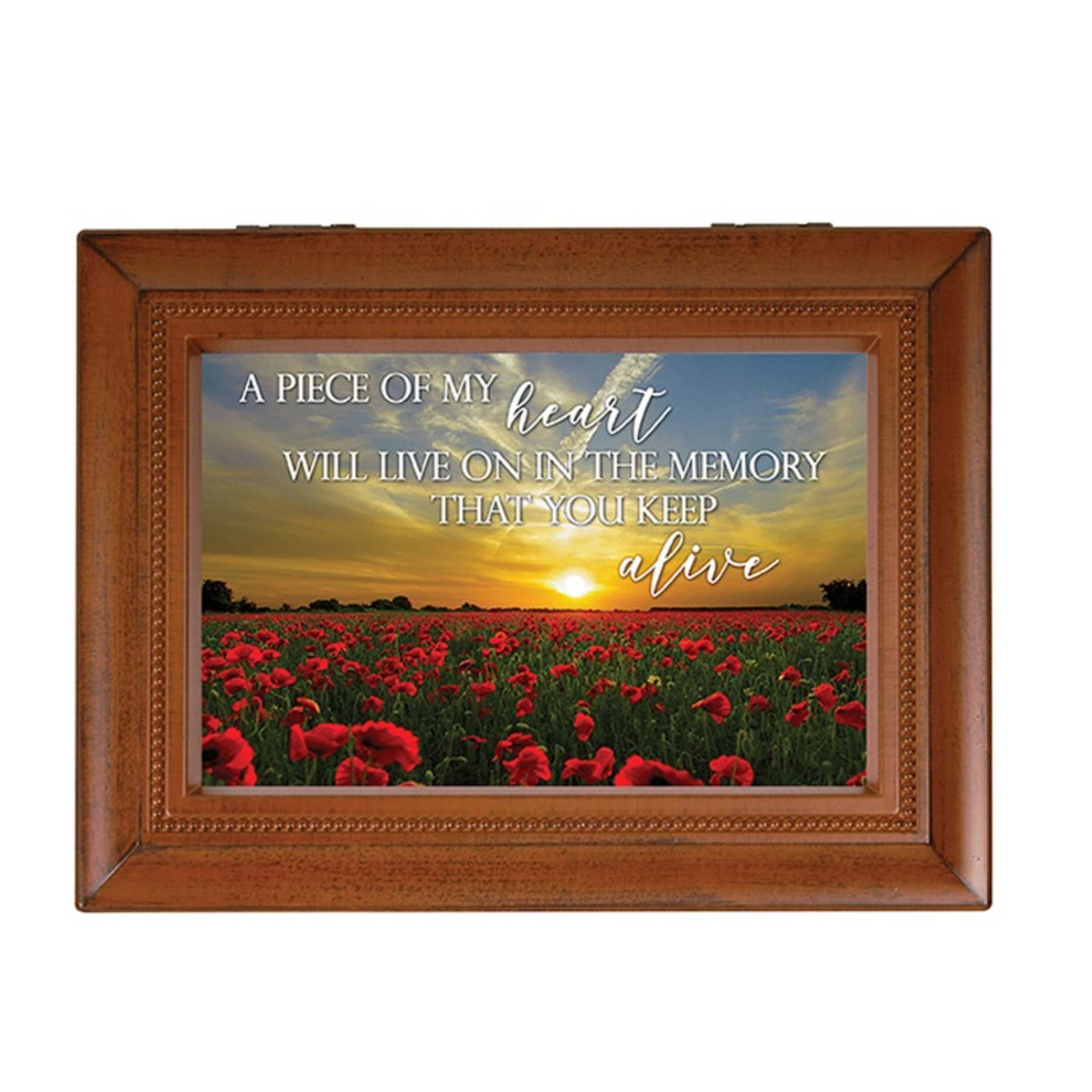 Wooden framed memorial plaque with a poppy field and sunset quote