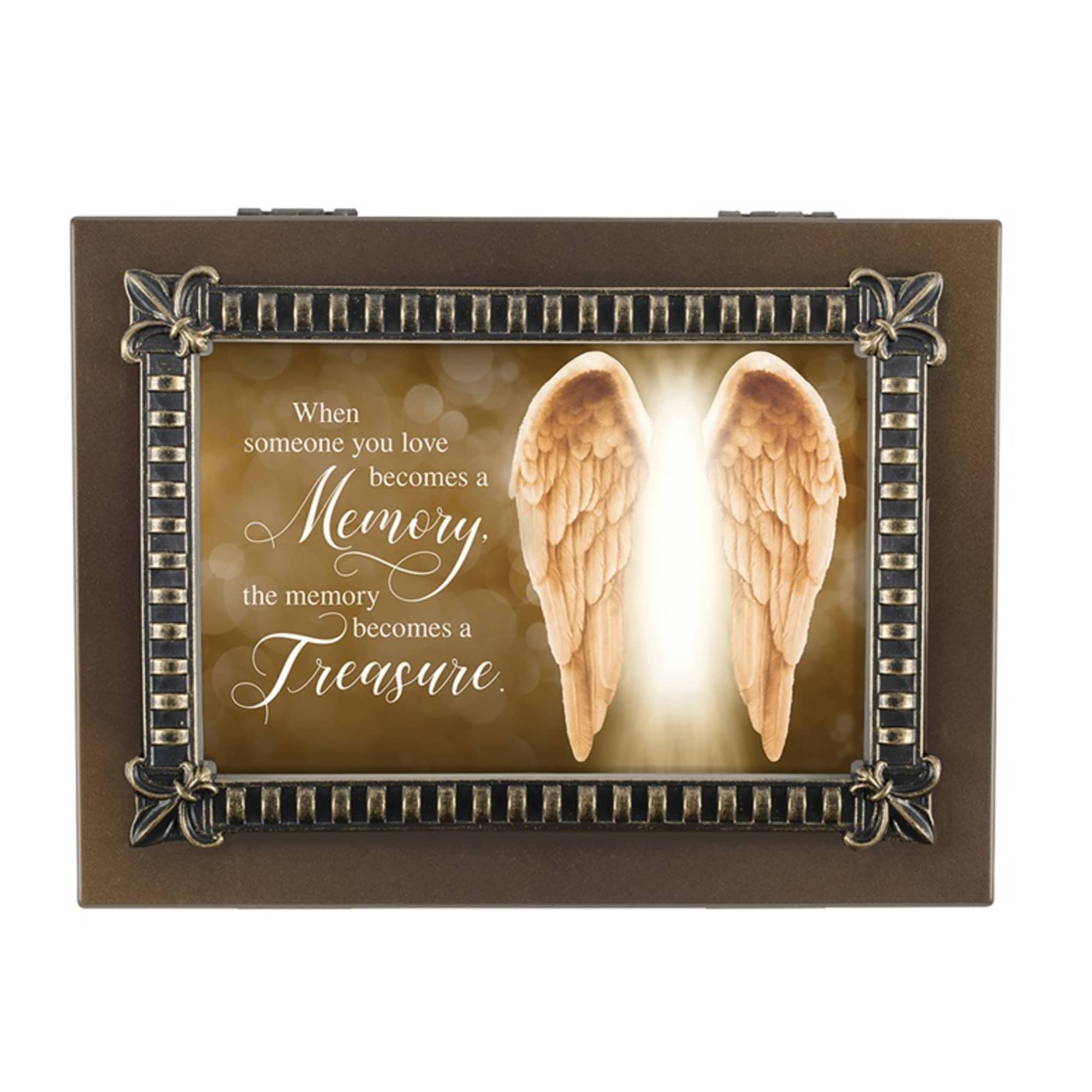 Decorative memorial plaque with angel wings and a sympathy quote