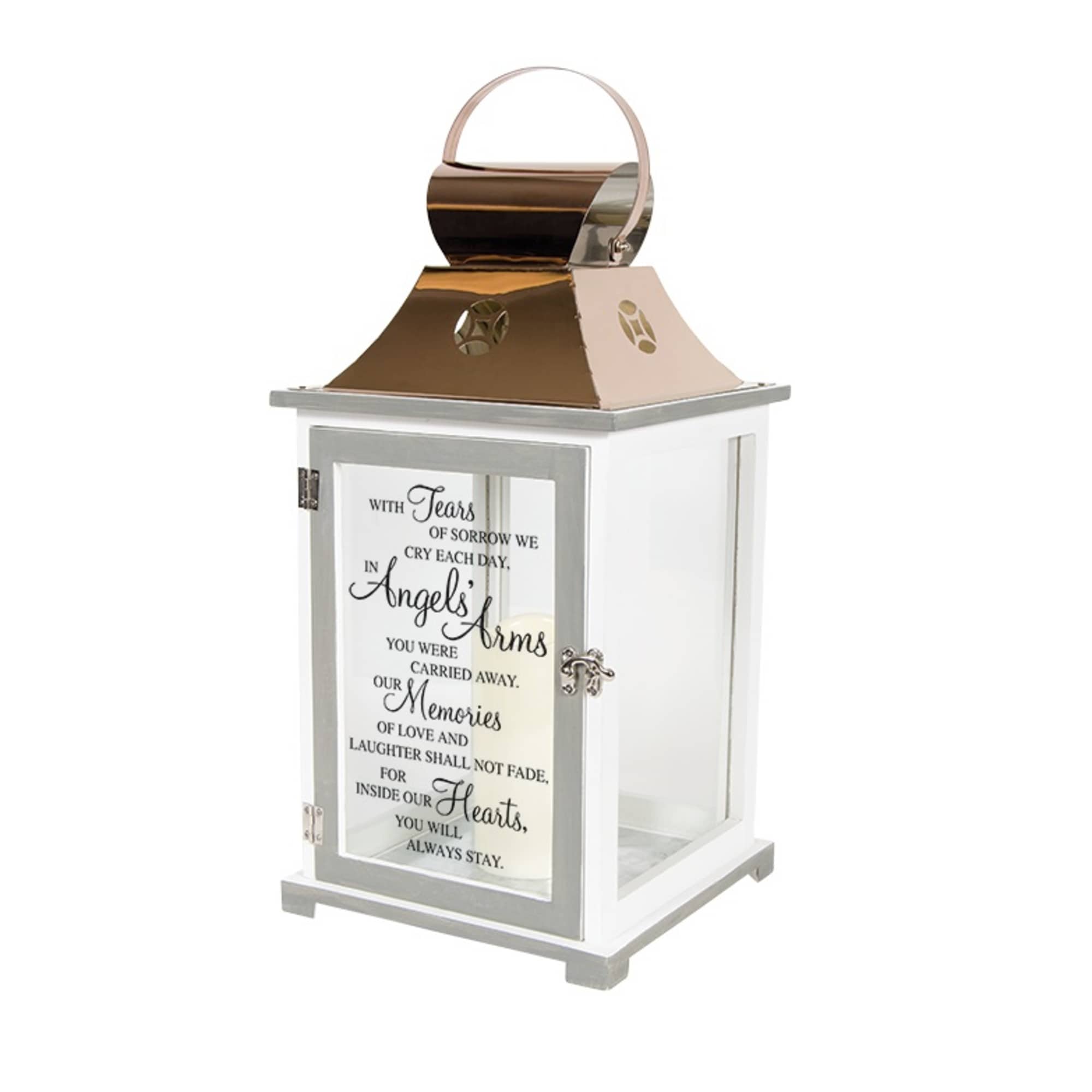 White memorial lantern with a gold top and printed condolence message