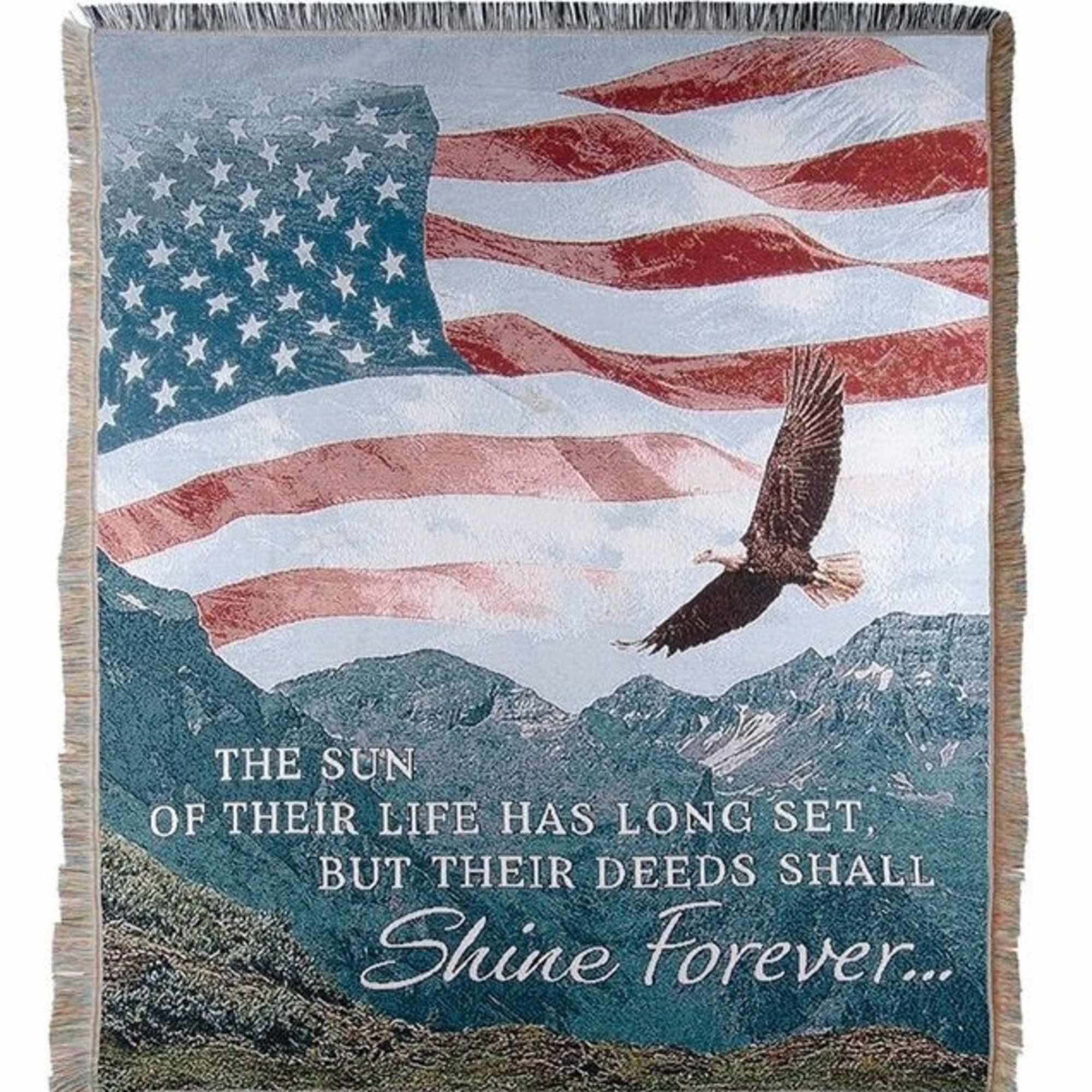 American flag memorial blanket with an eagle and tribute text