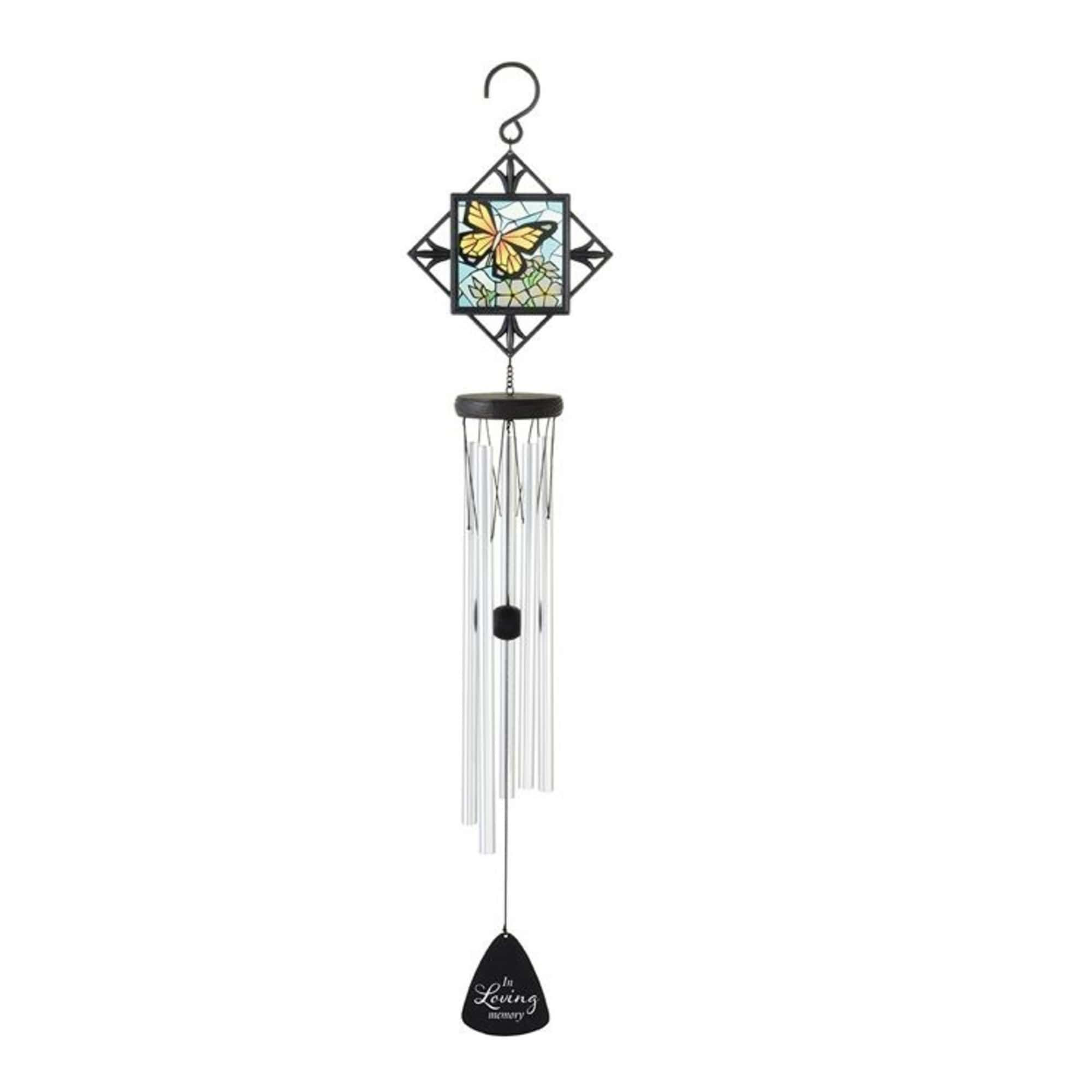 Hanging wind chime with a butterfly stained-glass panel