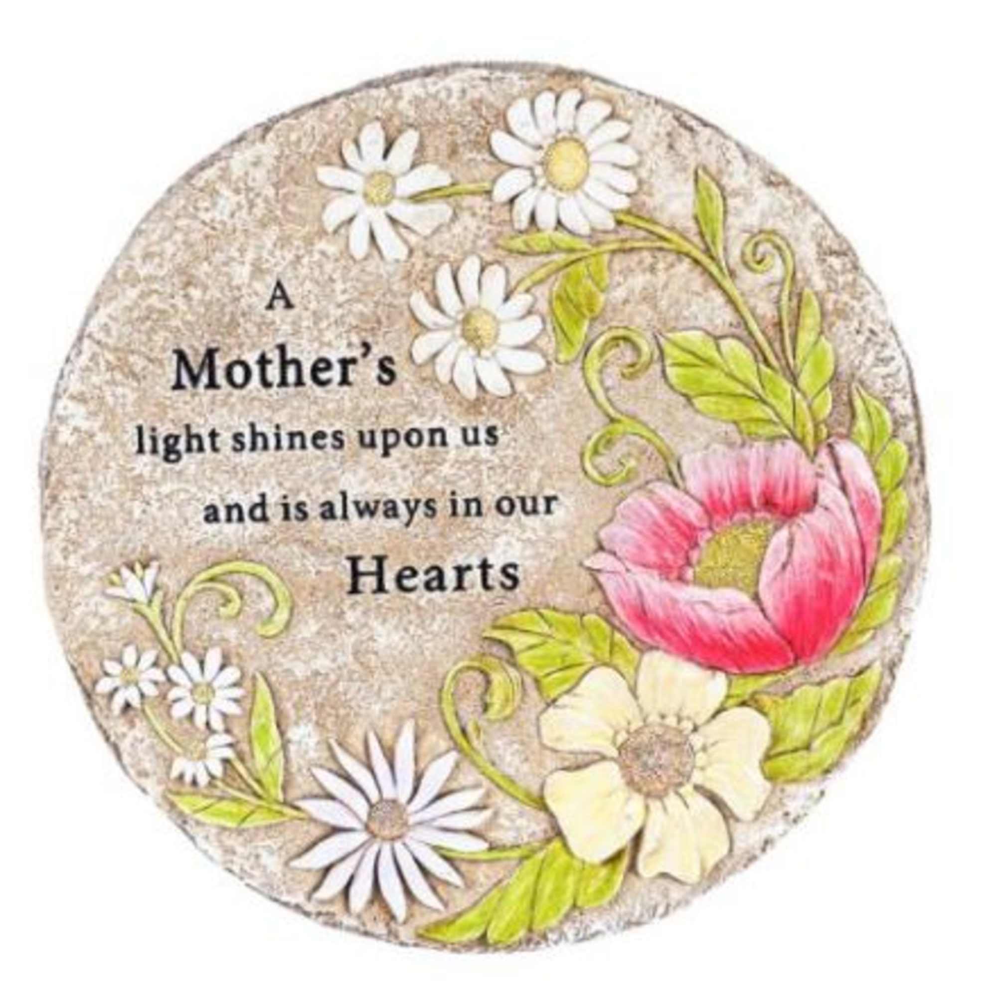 Round stone plaque with painted flowers and a Mother's Day message