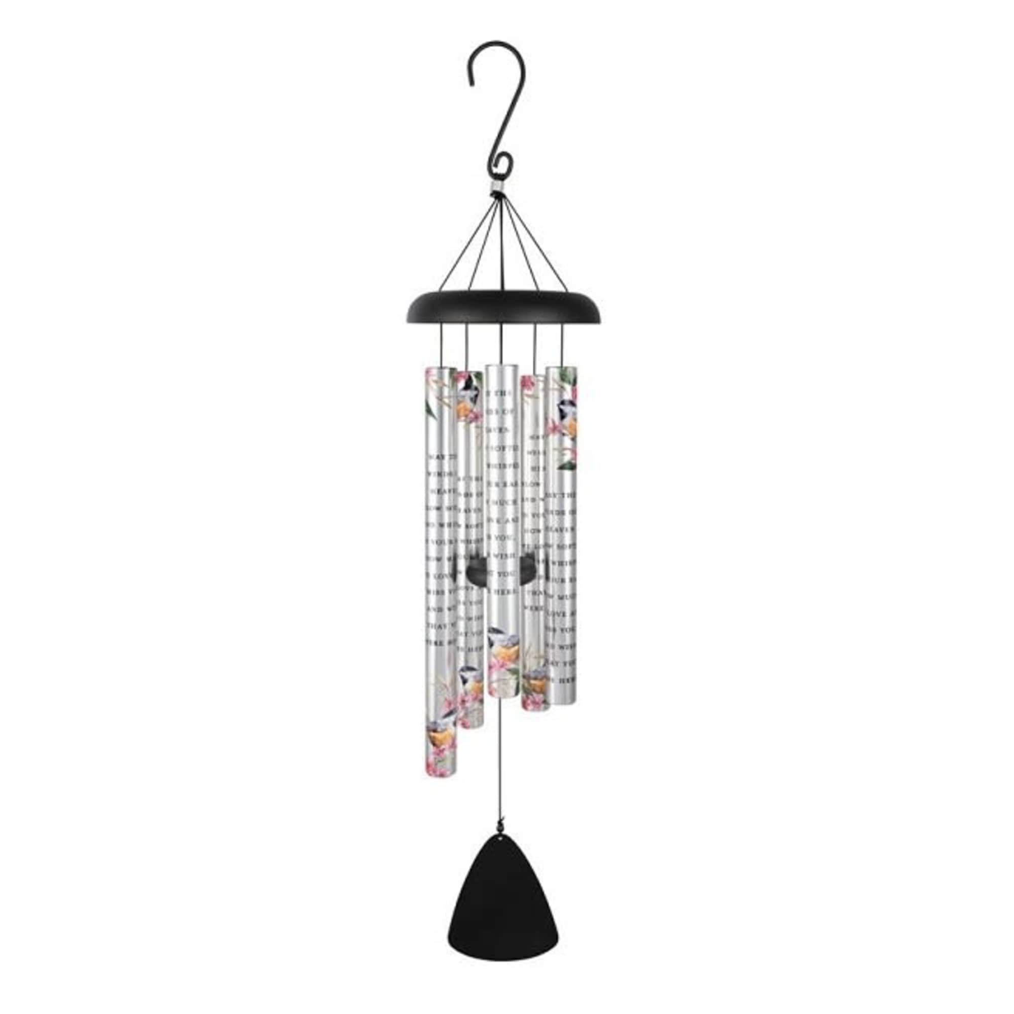 Black hanging wind chime with printed floral tubes and a clapper