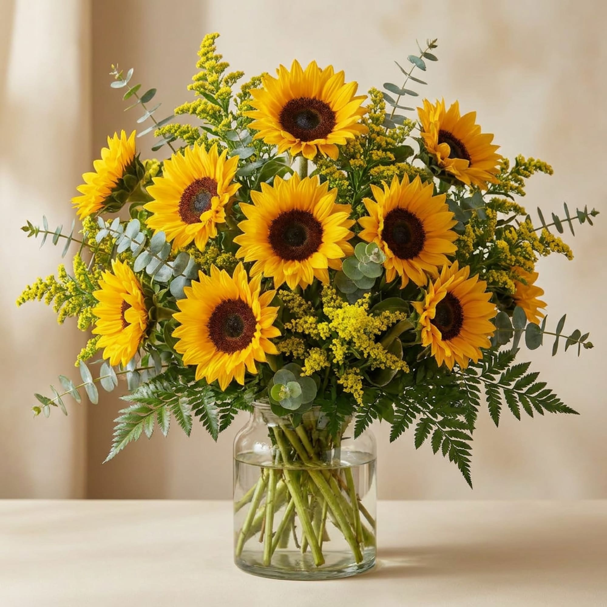 Bouquet of yellow sunflowers in a clear glass vase