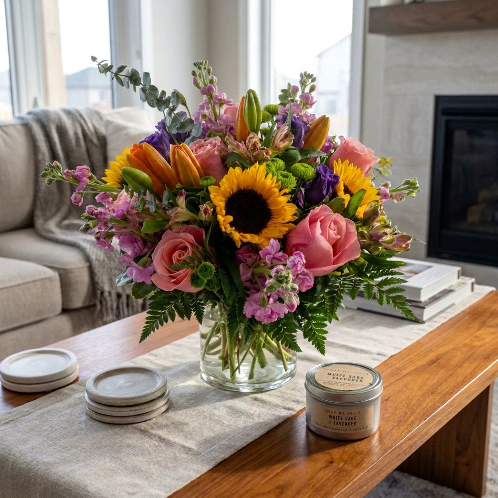 Mixed bouquet with sunflowers, pink roses, lilies, and purple blooms in a glass vase