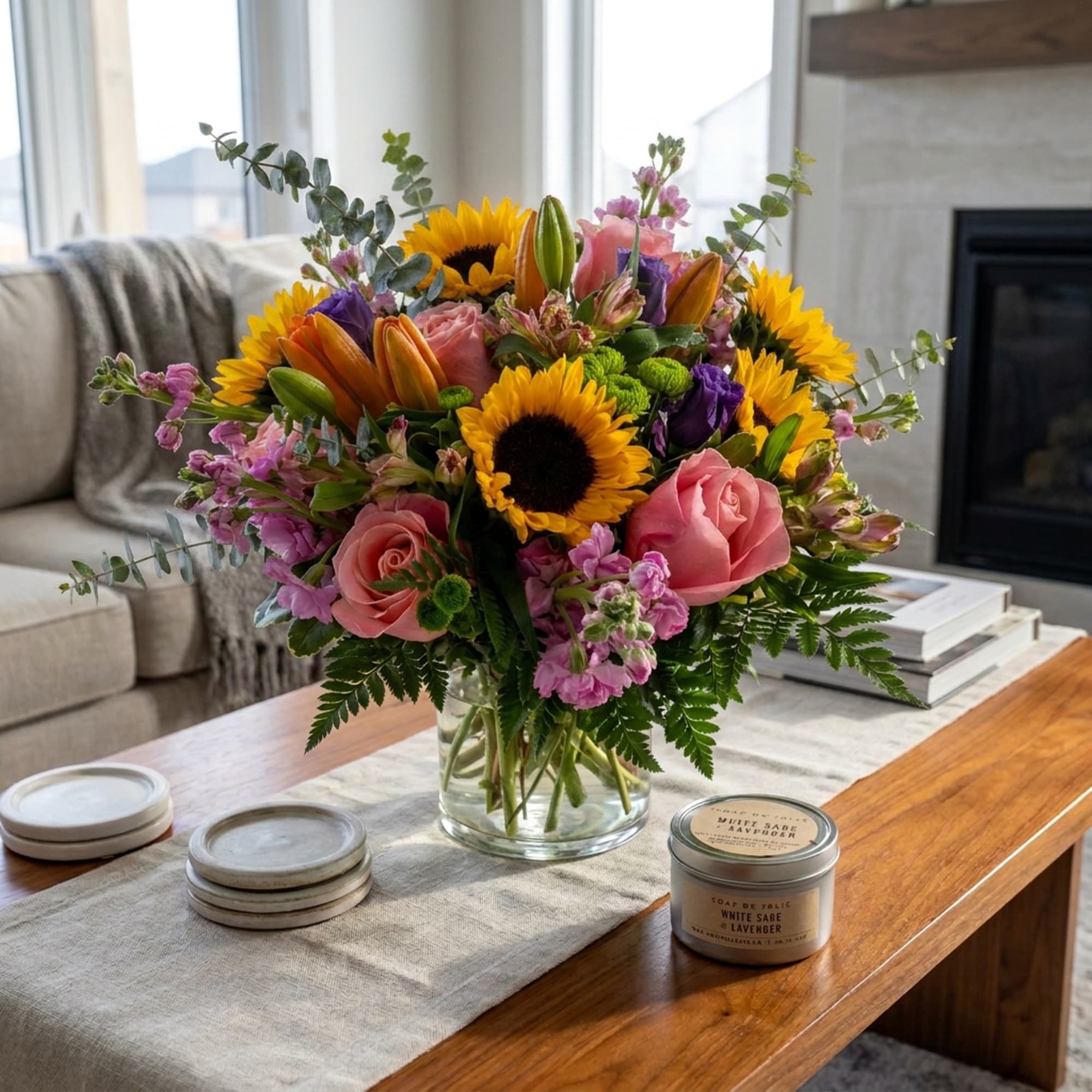 Mixed bouquet with sunflowers, pink roses, lilies, and purple blooms in a glass vase