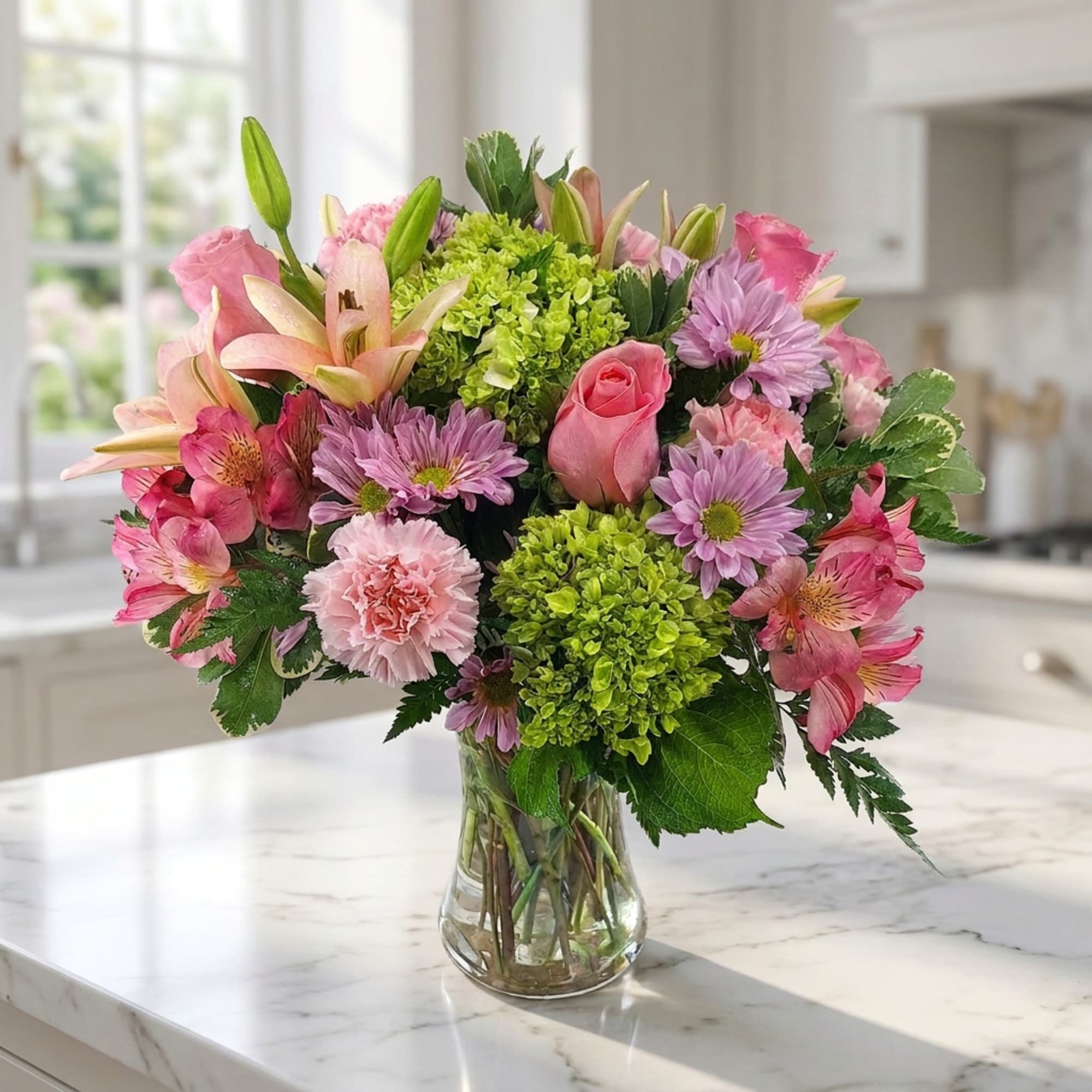 Pink and lavender mixed bouquet in a clear glass vase