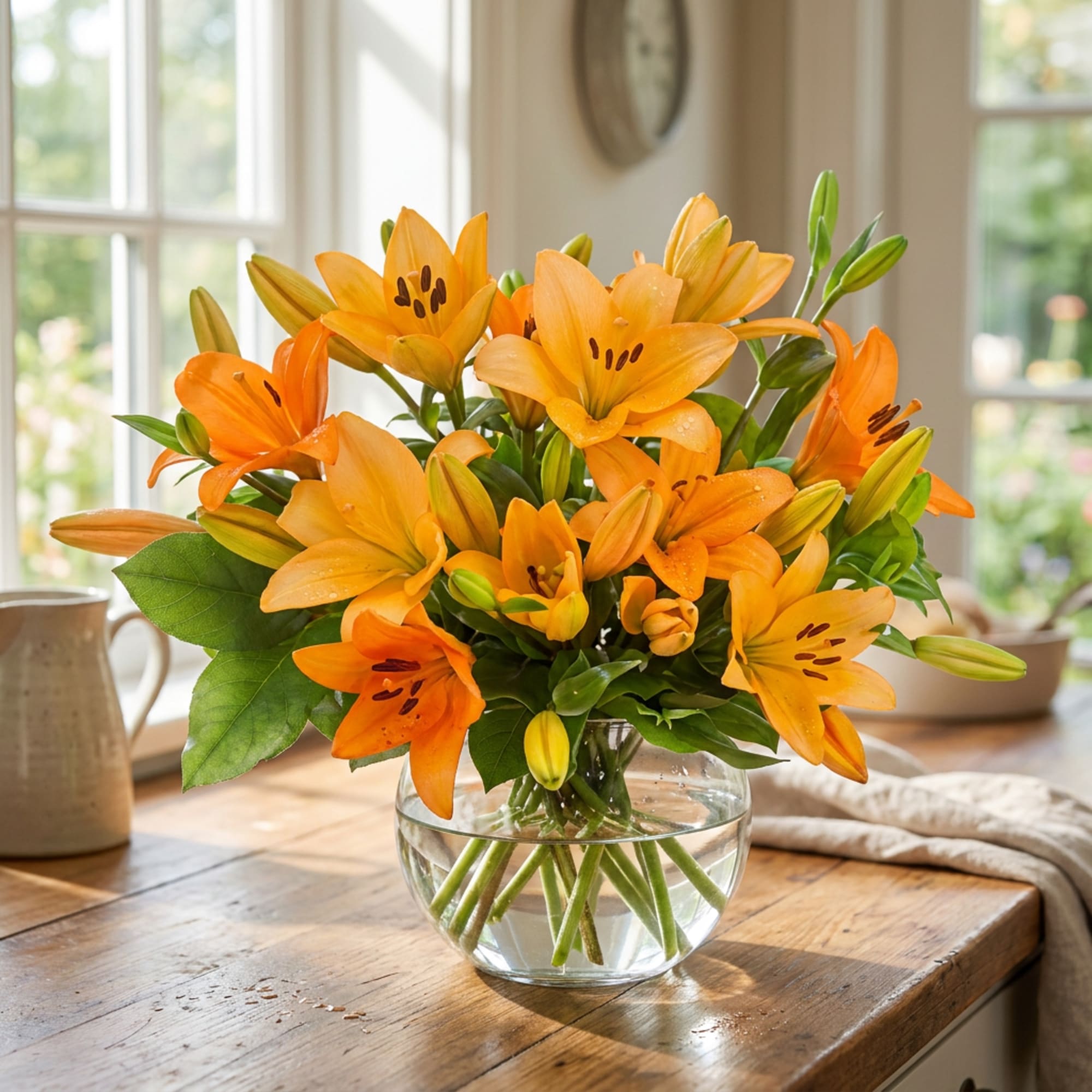 Orange lilies arranged in a clear glass vase on a wooden table