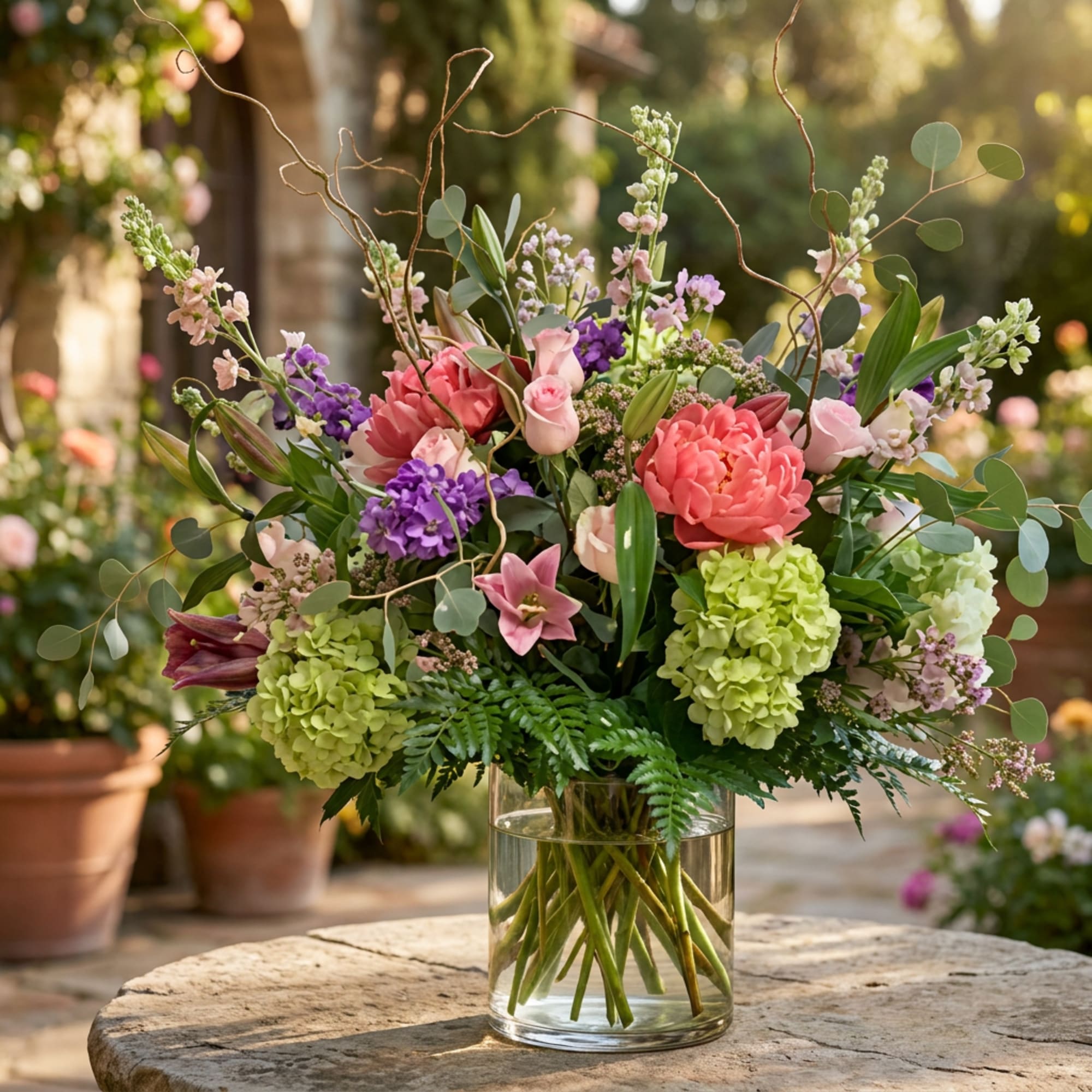 Mixed pink and purple flowers in a clear glass vase