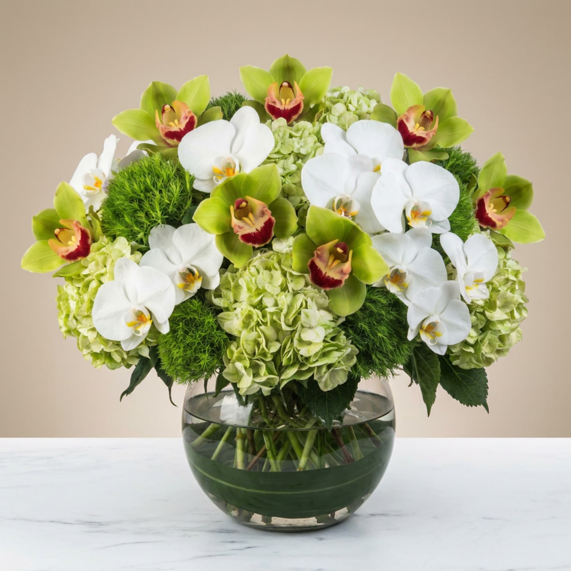 White orchids and green blooms arranged in a round glass vase