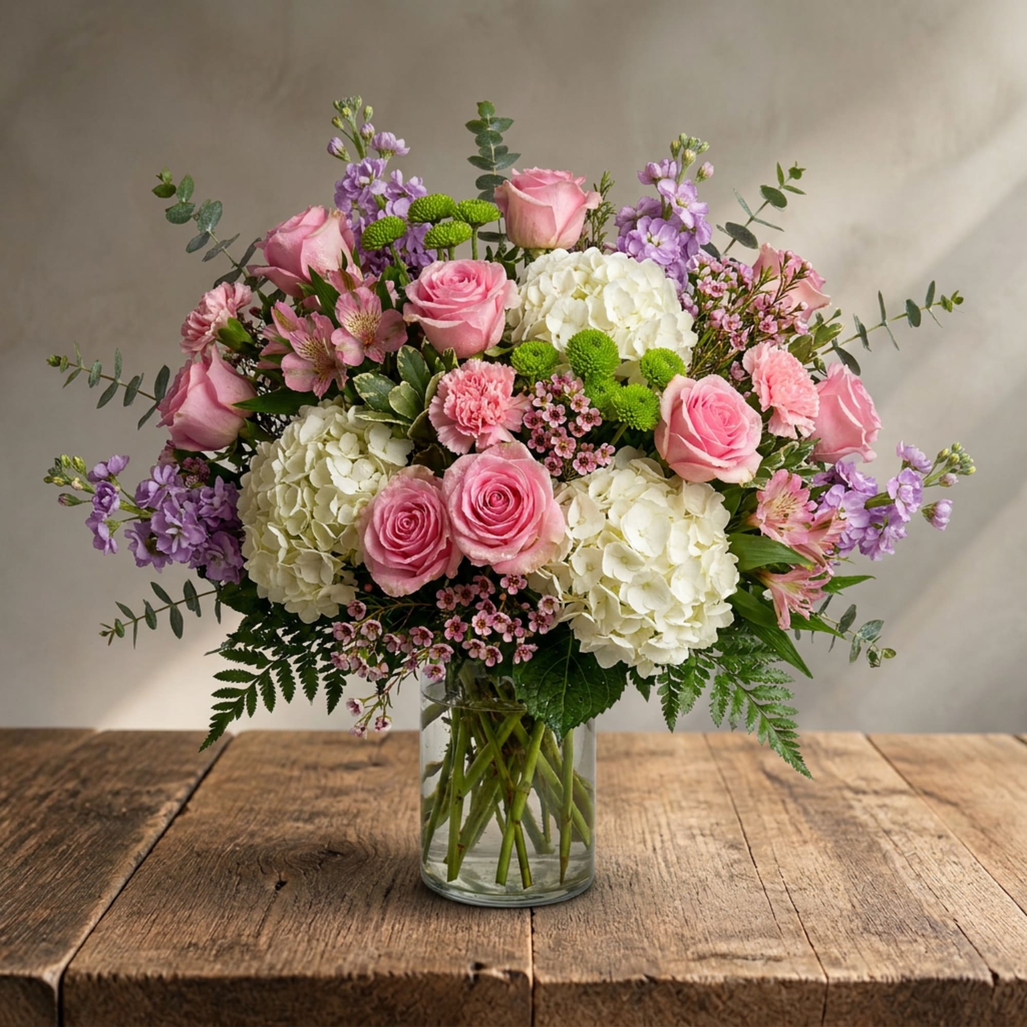 Pink roses and white hydrangeas arranged in a clear glass vase