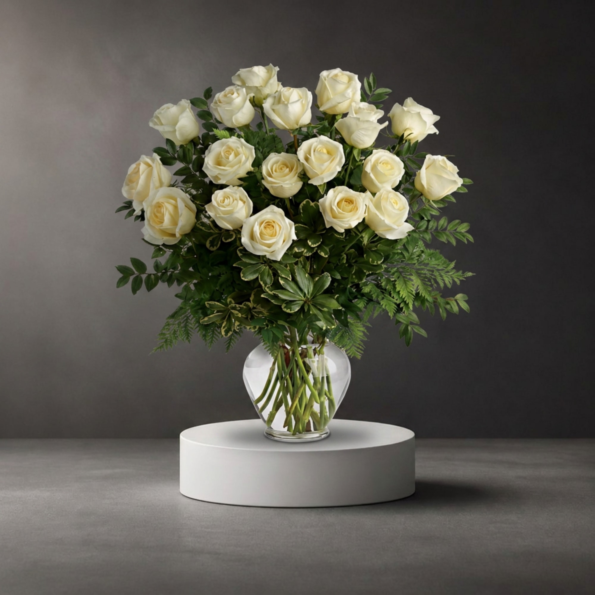 Cream rose bouquet in a clear glass vase