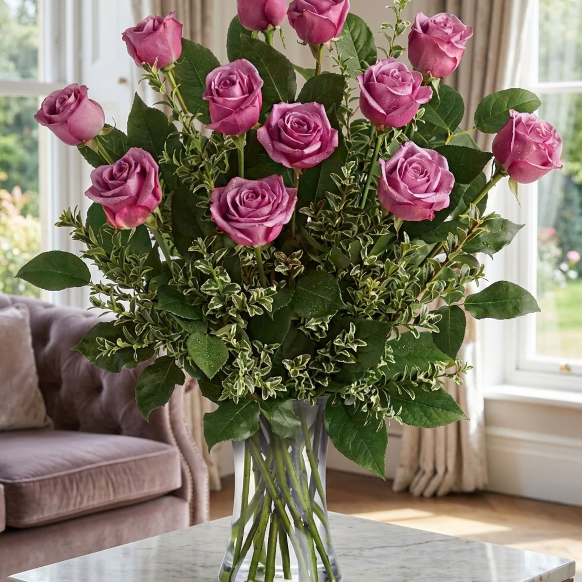 Pink roses arranged in a clear glass vase