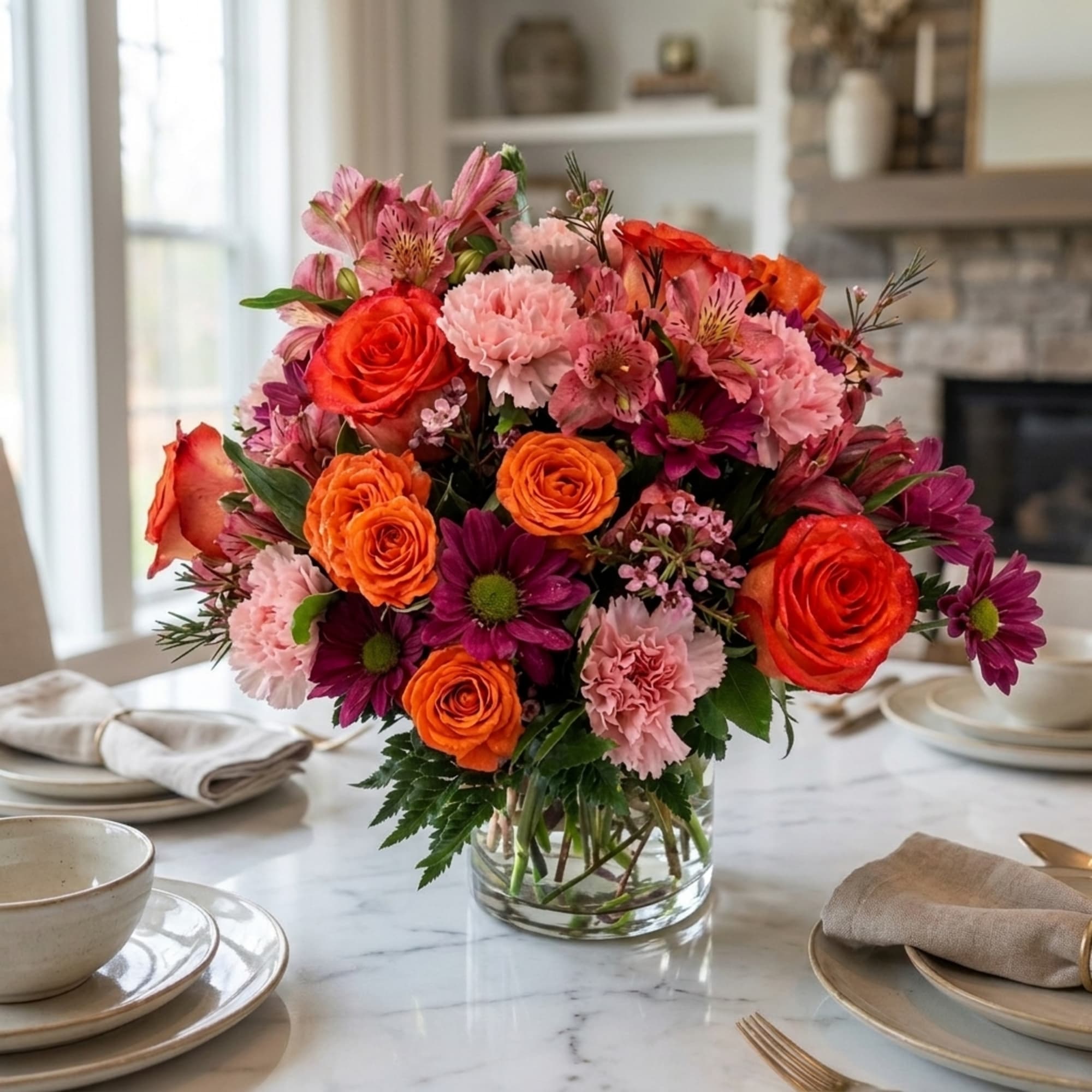 Bouquet of orange roses, pink carnations, and purple daisies in a glass vase