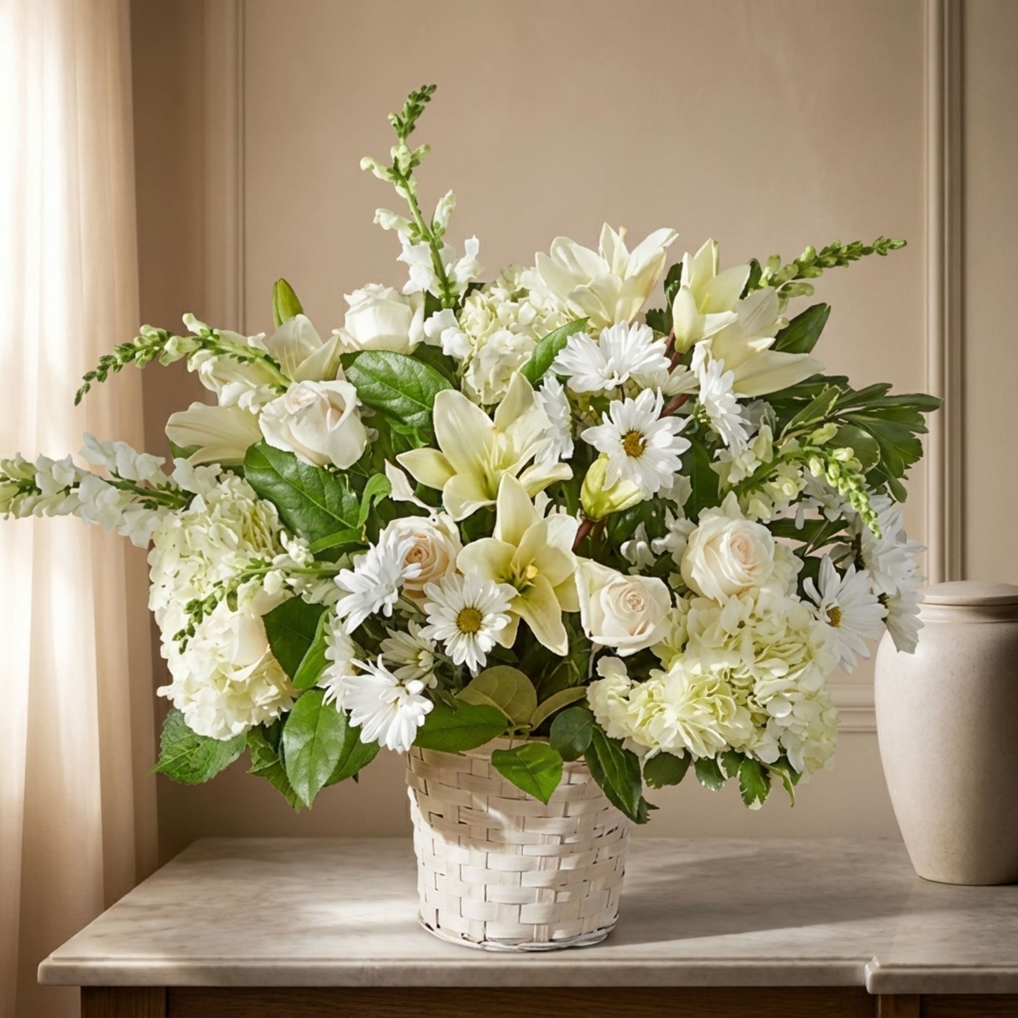 White flowers arranged in a woven basket on a table