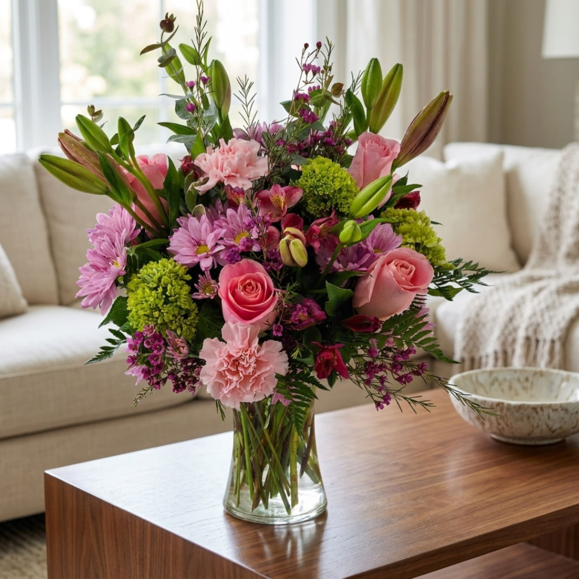 Pink and purple mixed bouquet in a clear glass vase
