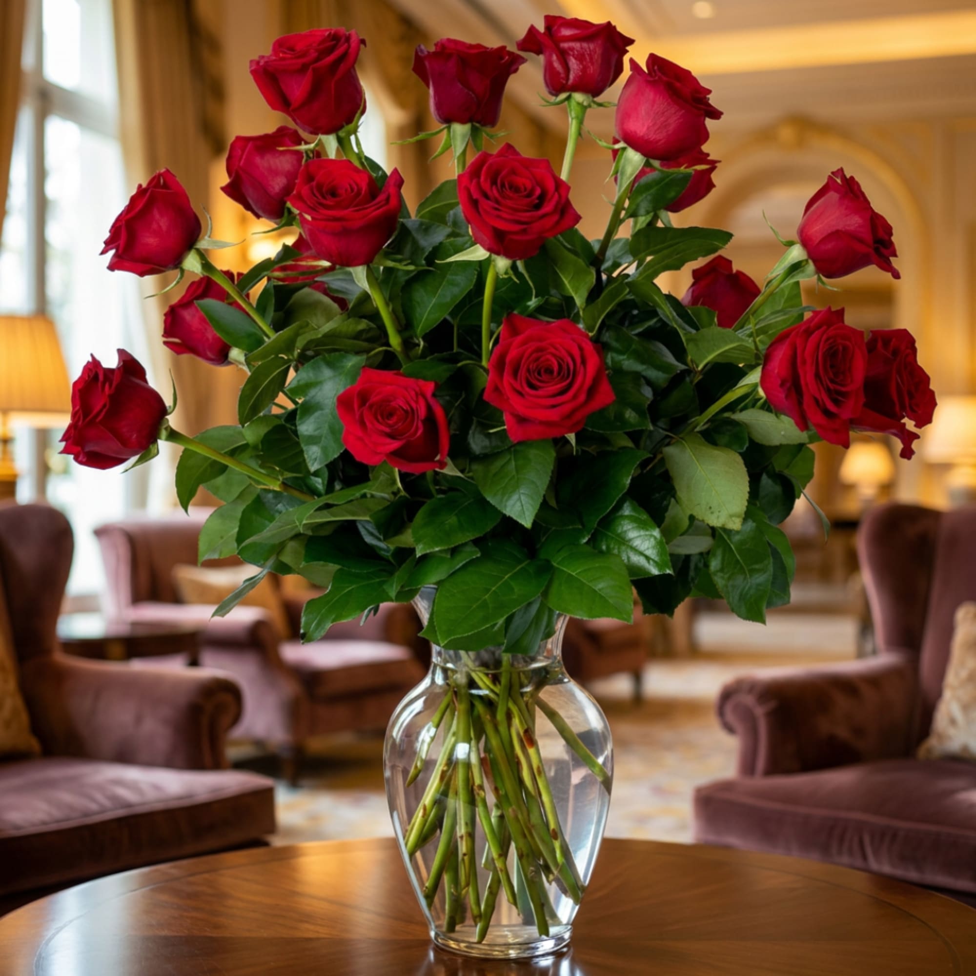 Red roses arranged in a clear glass vase on a table