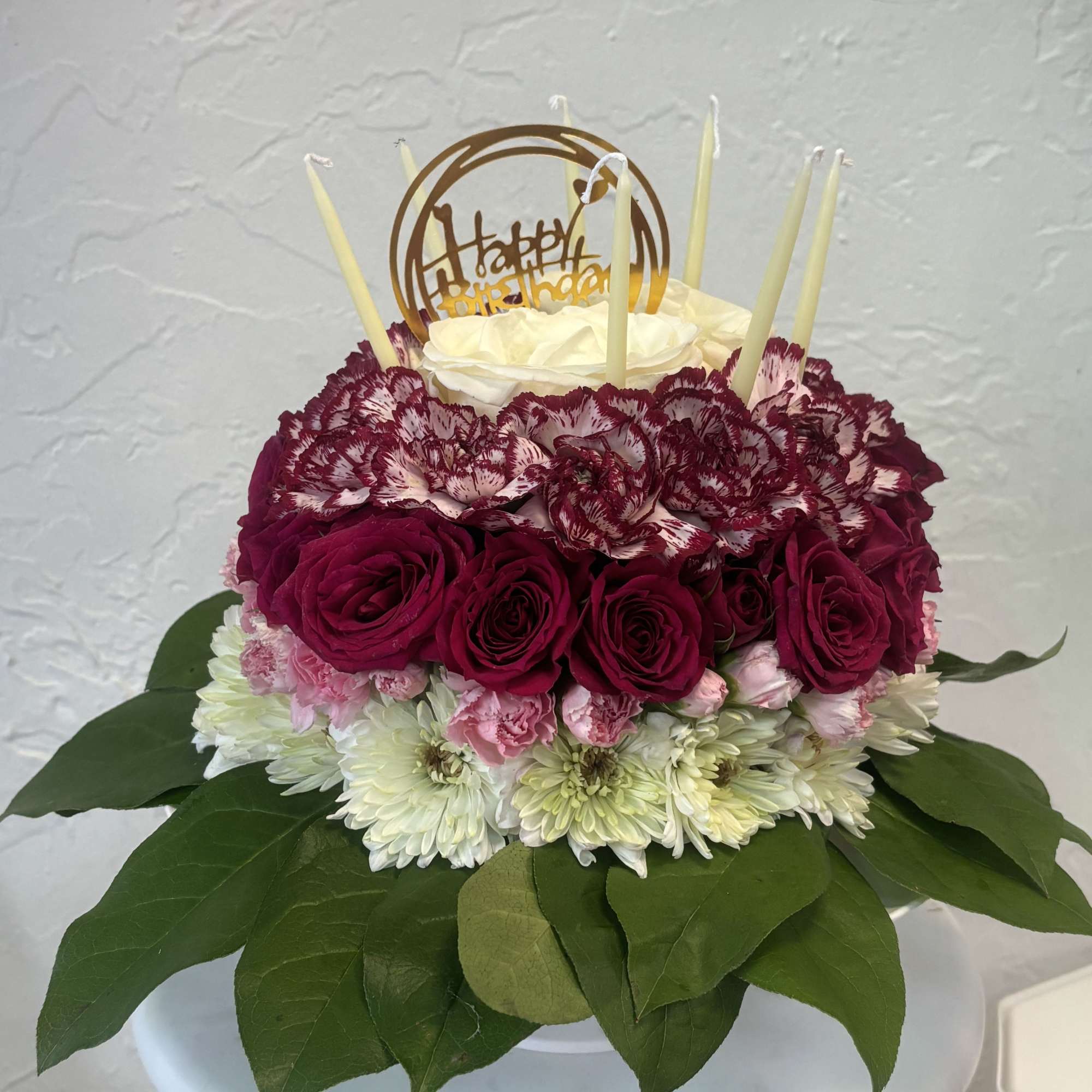 Celebrate a birthday with a delightful "Blooming Birthday Cake" floral arrangement adorned, photo 2 of 2