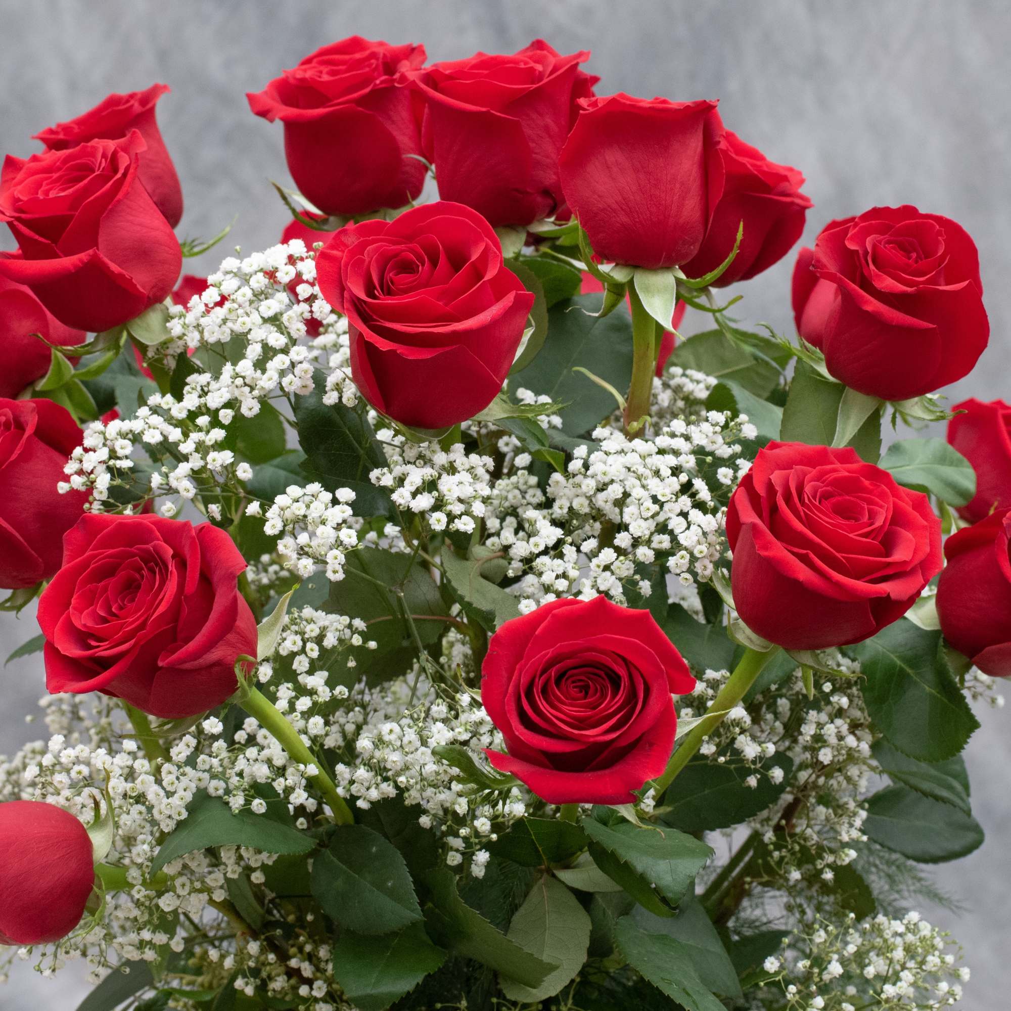 Bouquet of red roses with white baby's breath