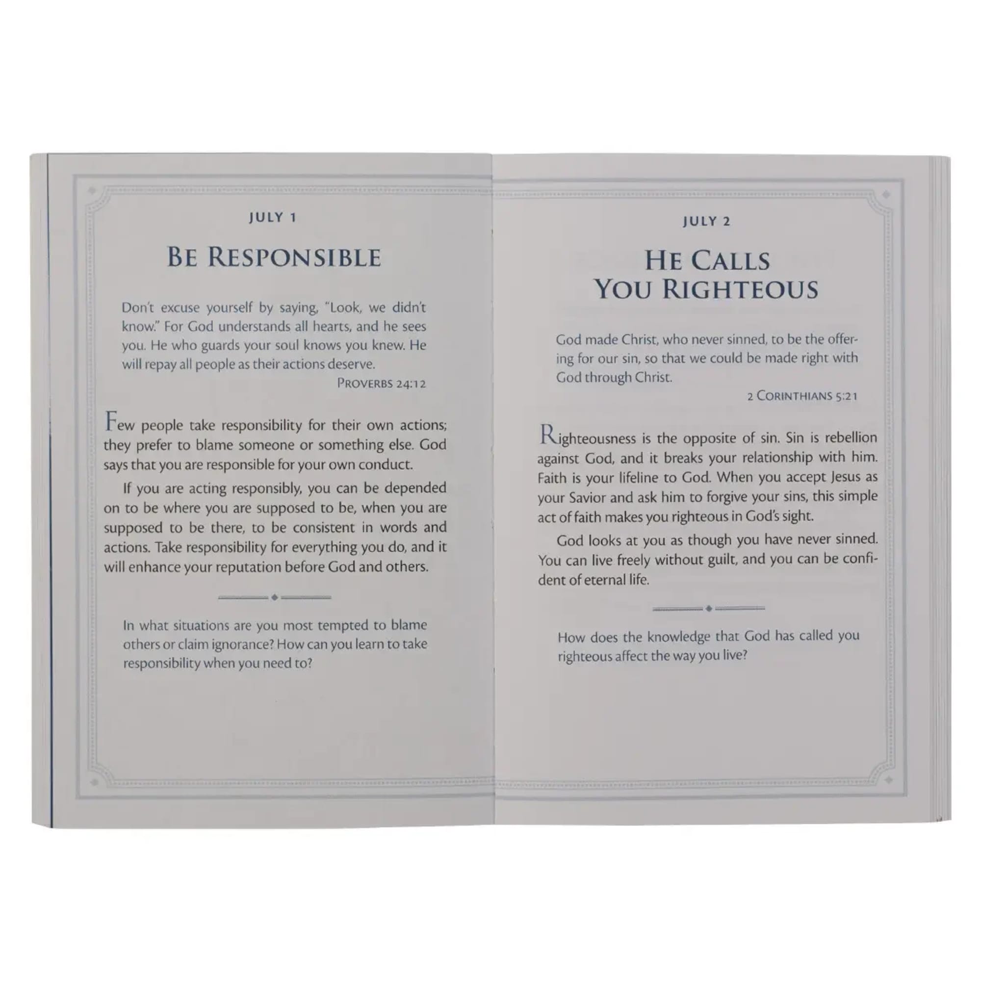 Open devotional book showing two text pages on a white background